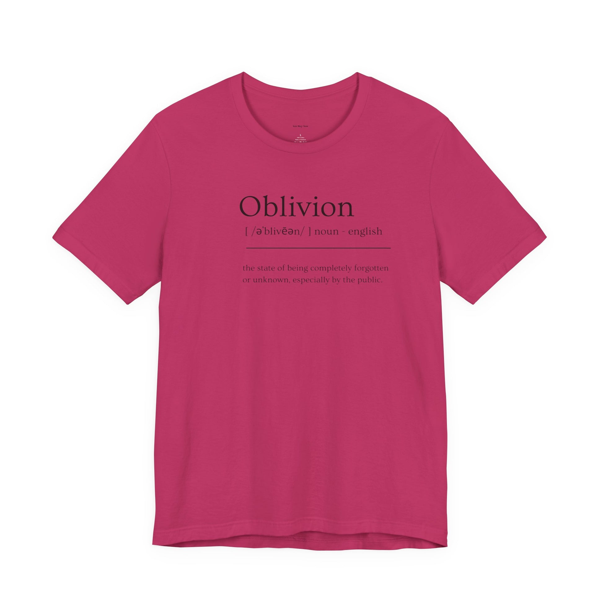 Pink t-shirt with black text