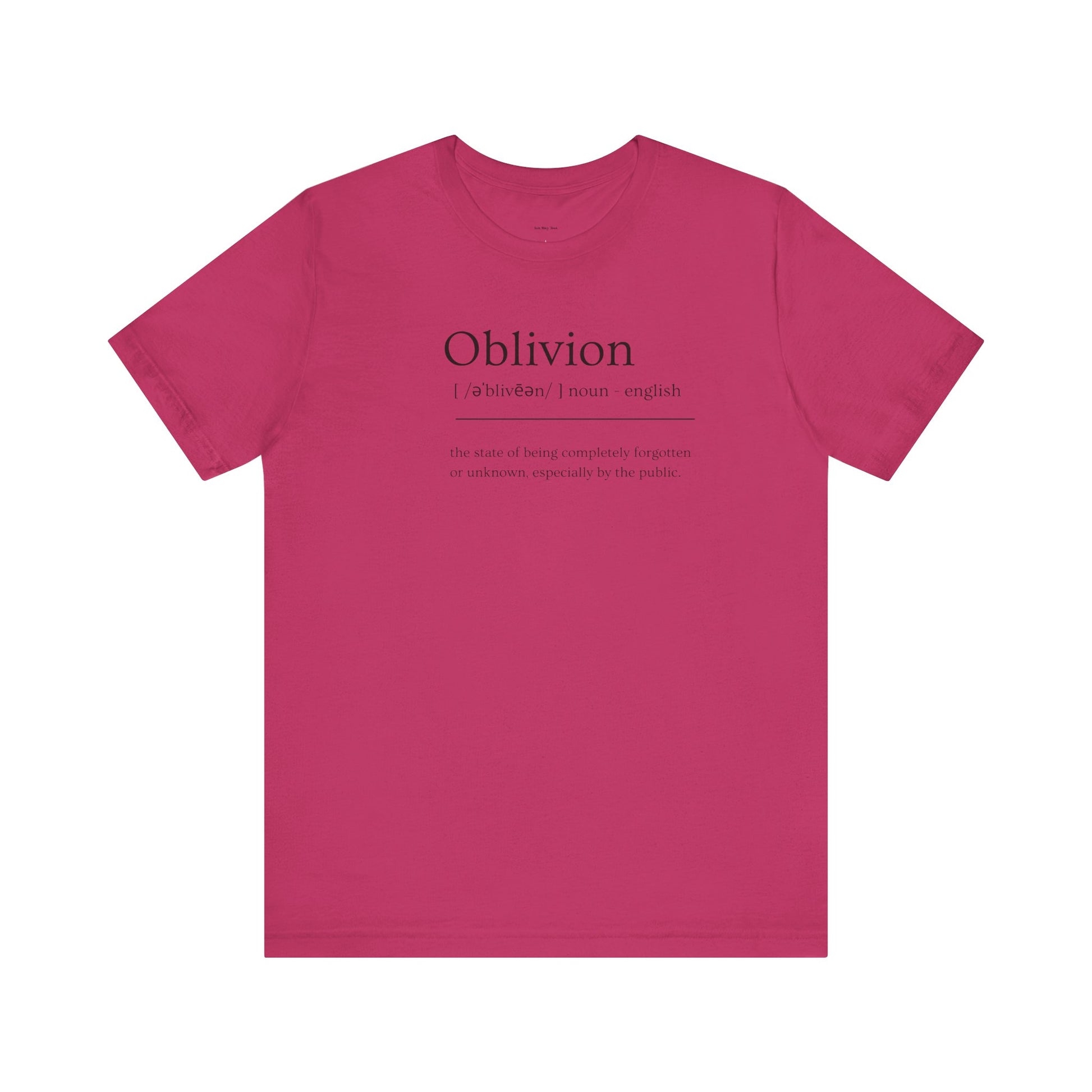 Pink t-shirt with 'Oblivion' text