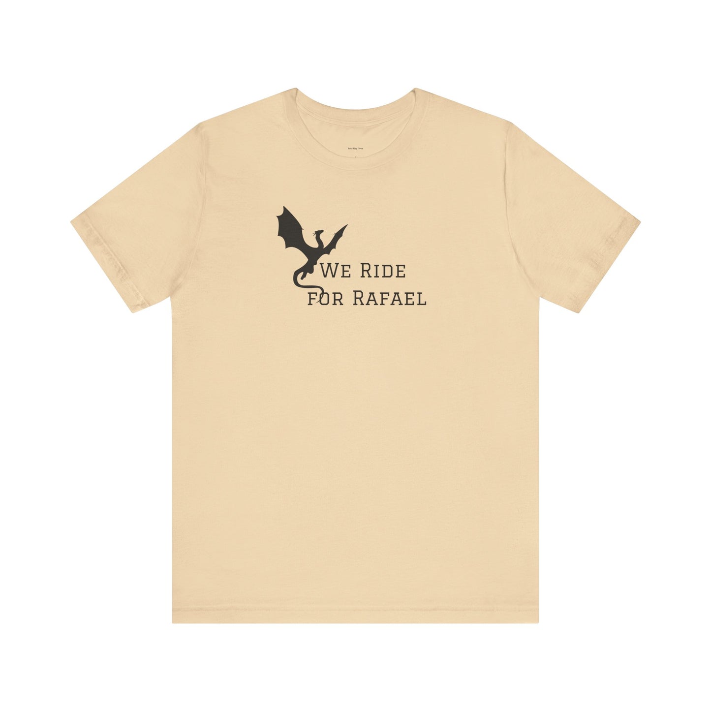 Beige t-shirt with black dragon graphic and text