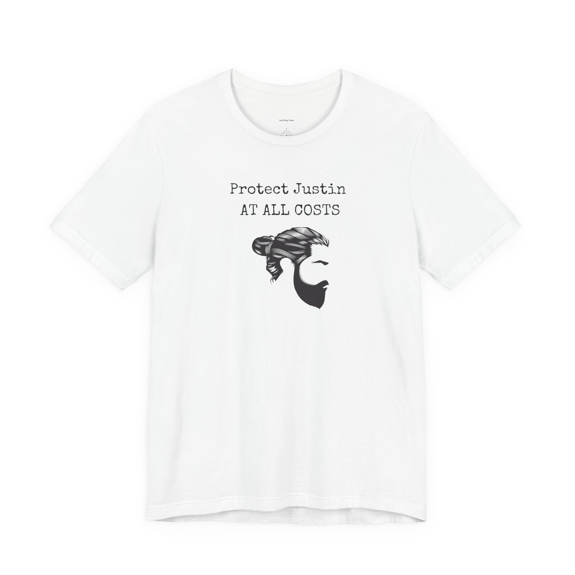 White t-shirt with graphic design and text