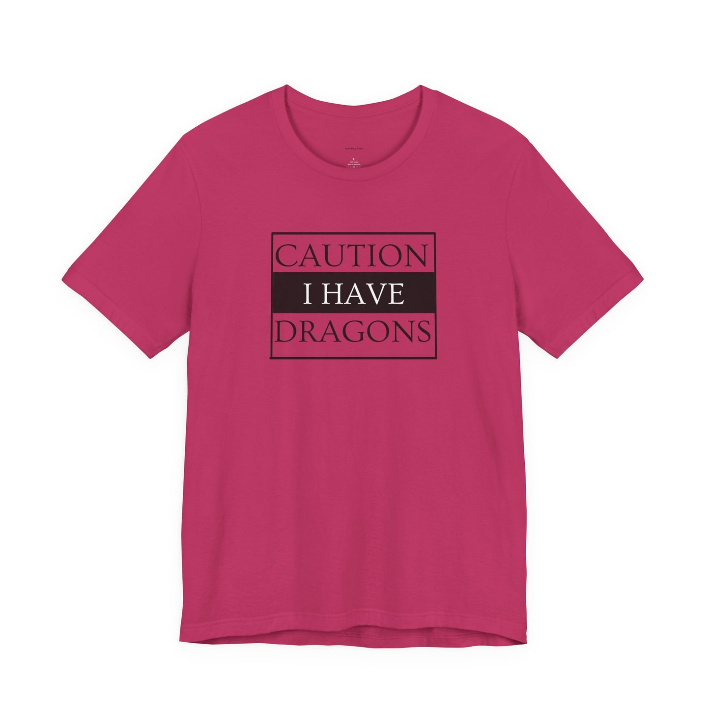 Pink t-shirt with 'Caution I Have Dragons' text