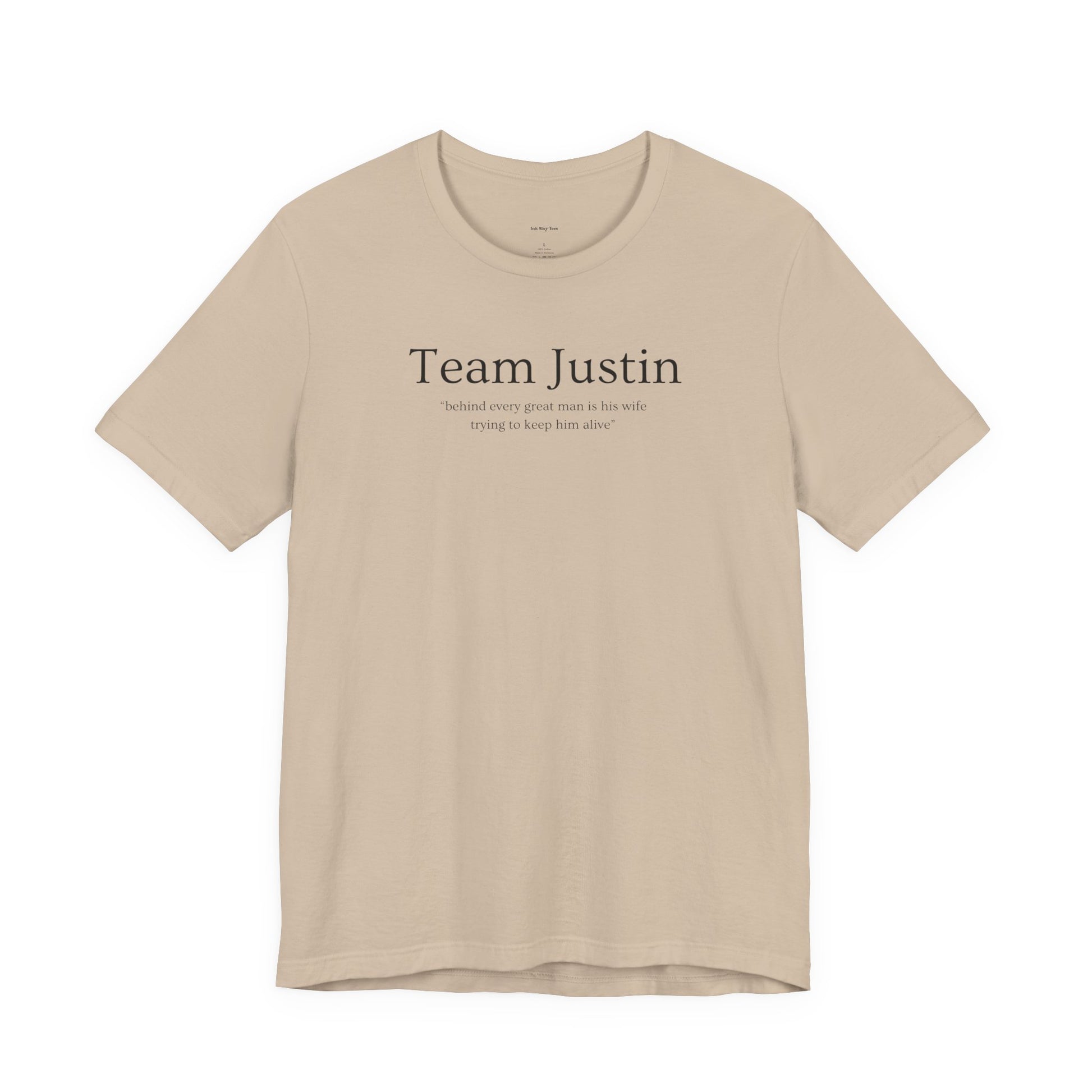 Beige t-shirt with 'Team Justin