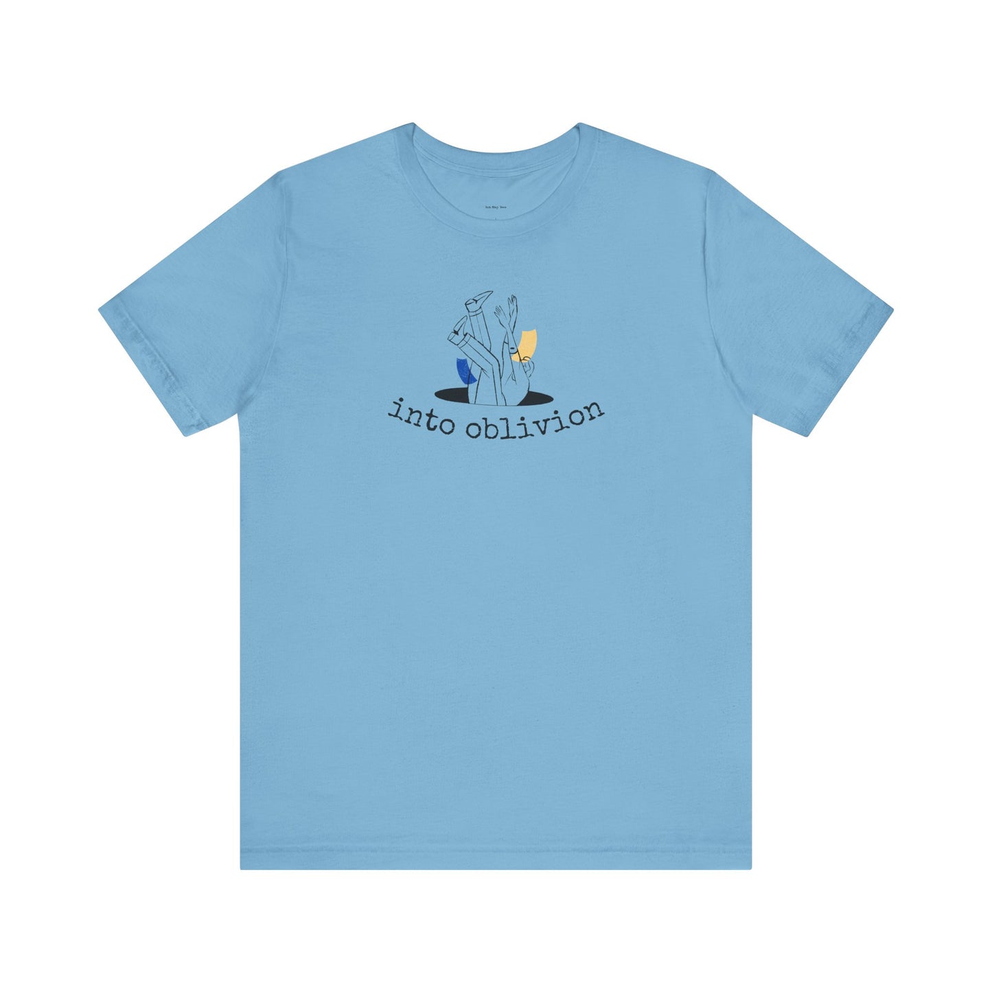 Light blue t-shirt with graphic design and text