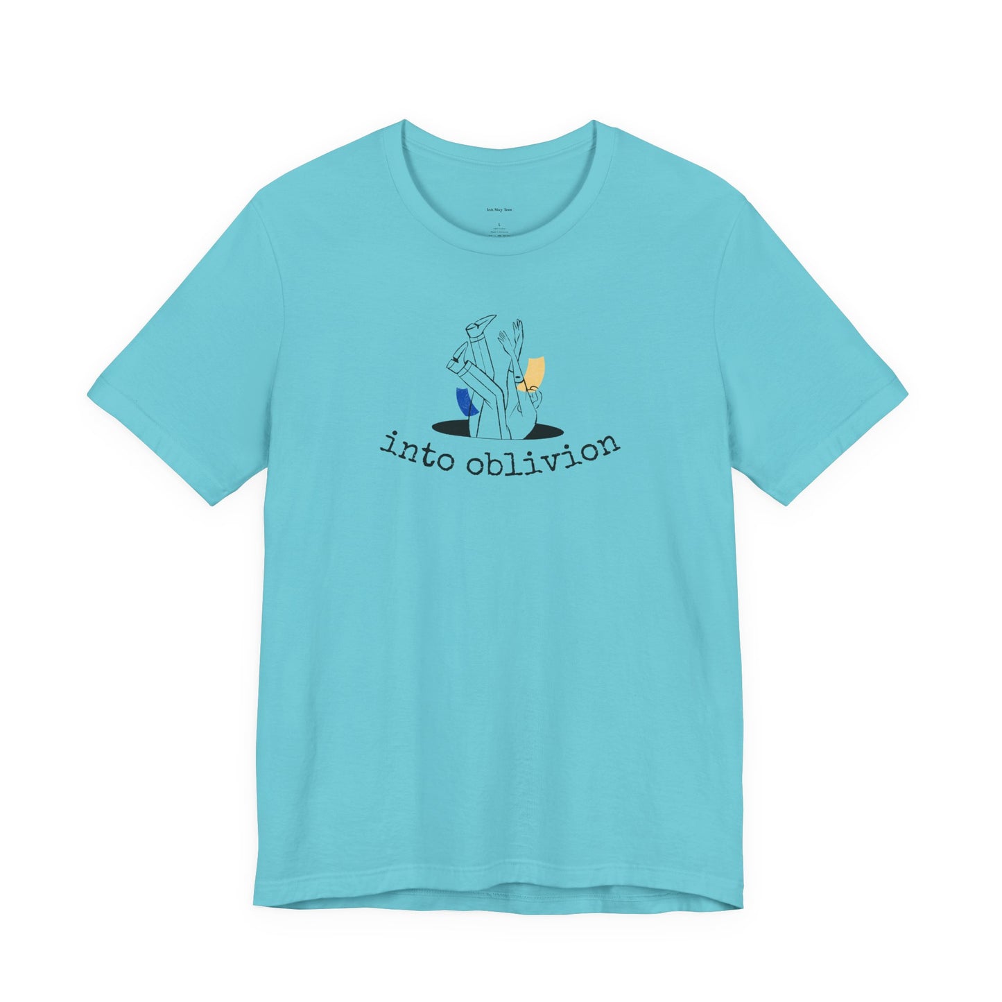 Light blue t-shirt with graphic design and text