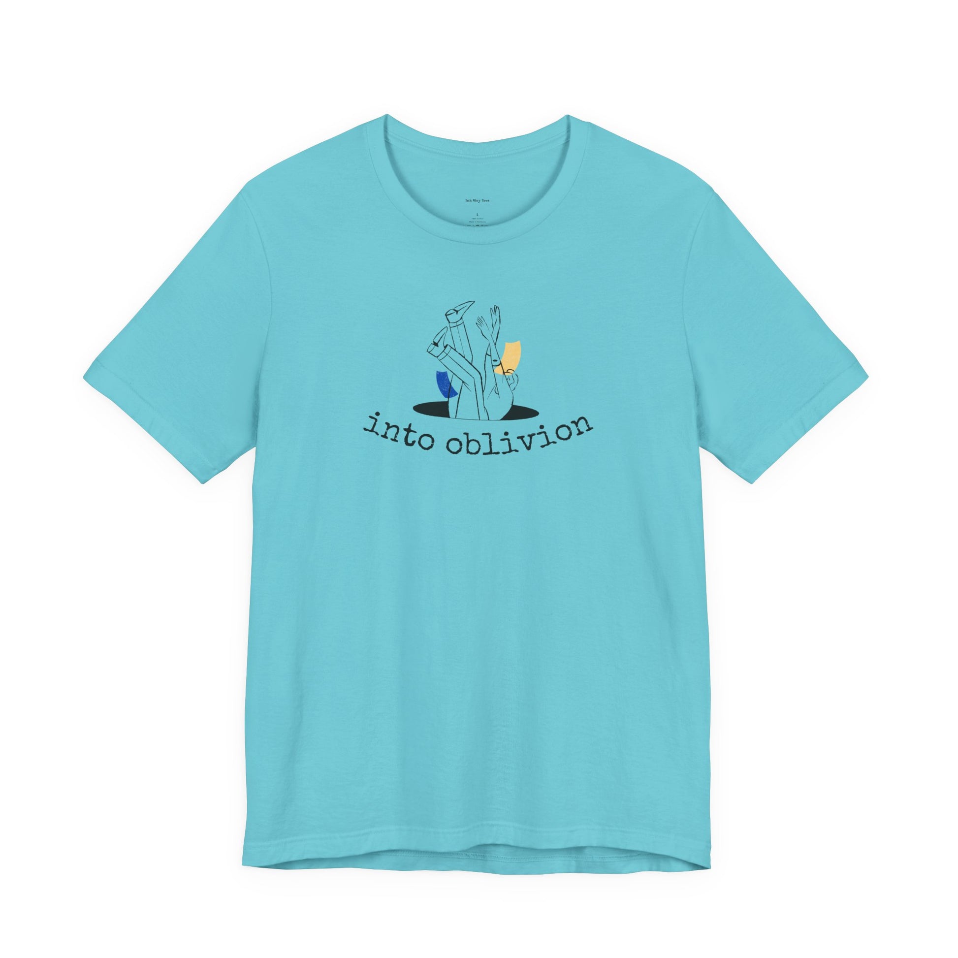 Light blue t-shirt with graphic design and text