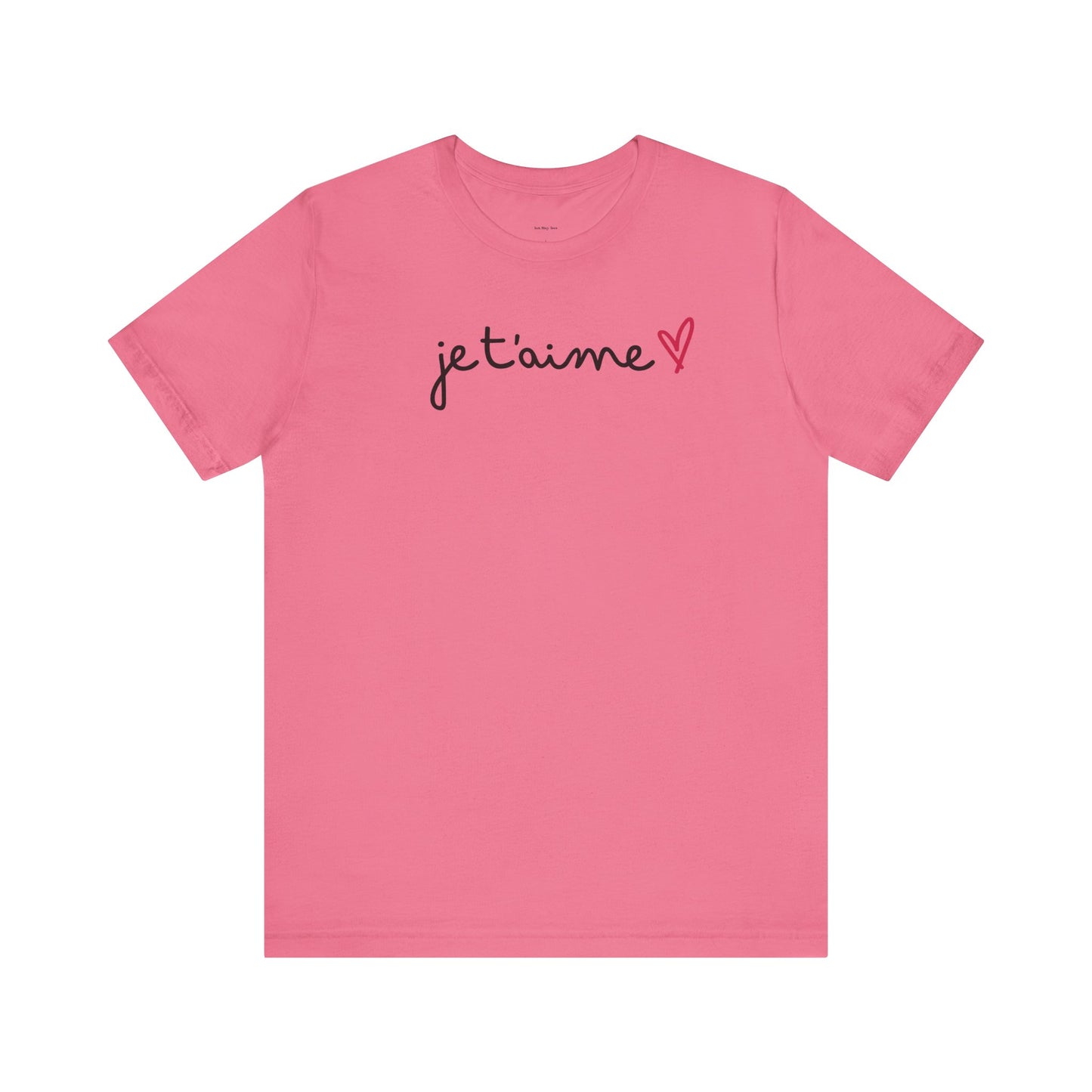 Pink t-shirt with 'je t'aime' text and heart