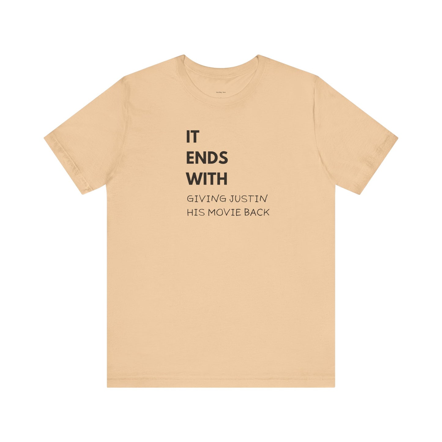 Beige t-shirt with black text