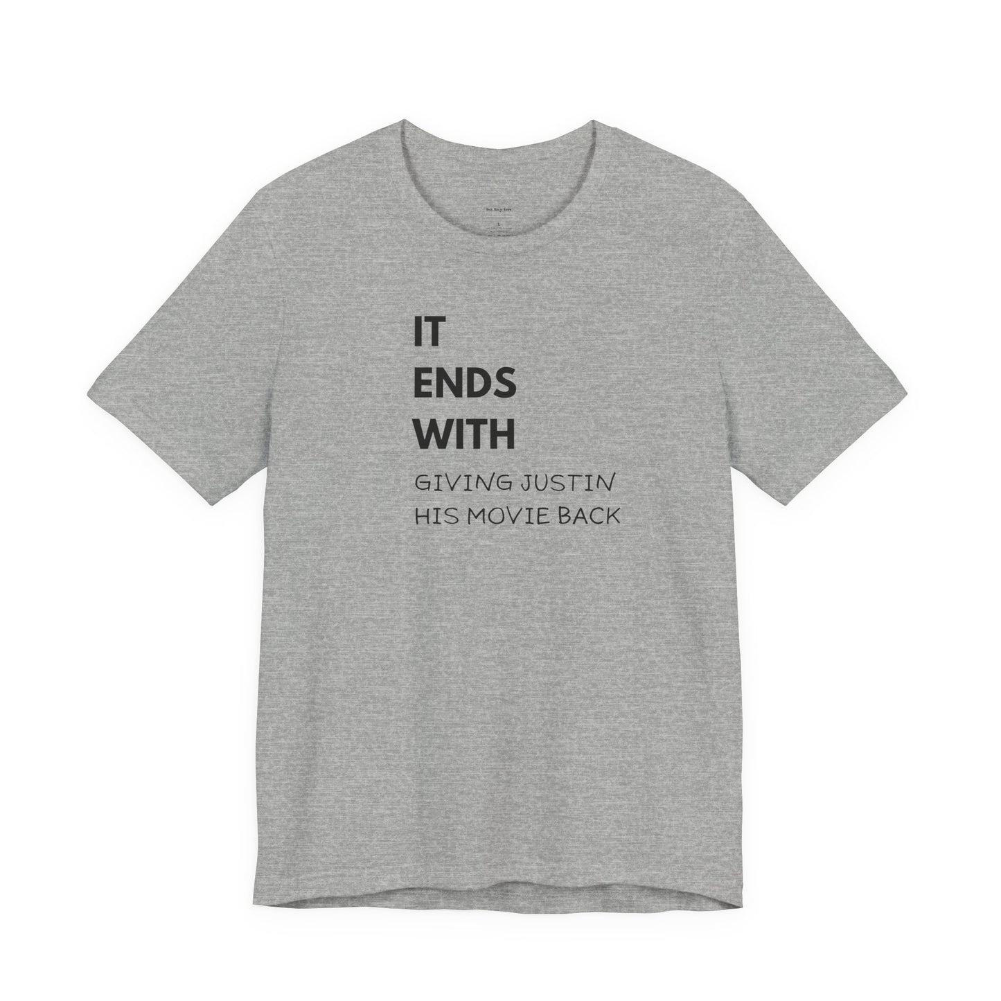 Gray t-shirt with black text
