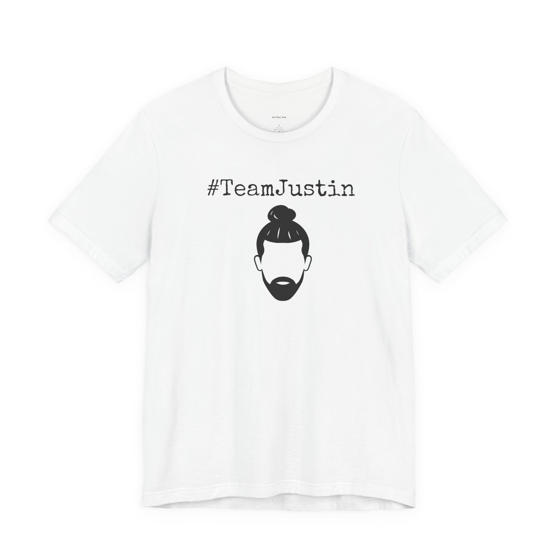 White t-shirt with '#TeamJustin' text and graphic