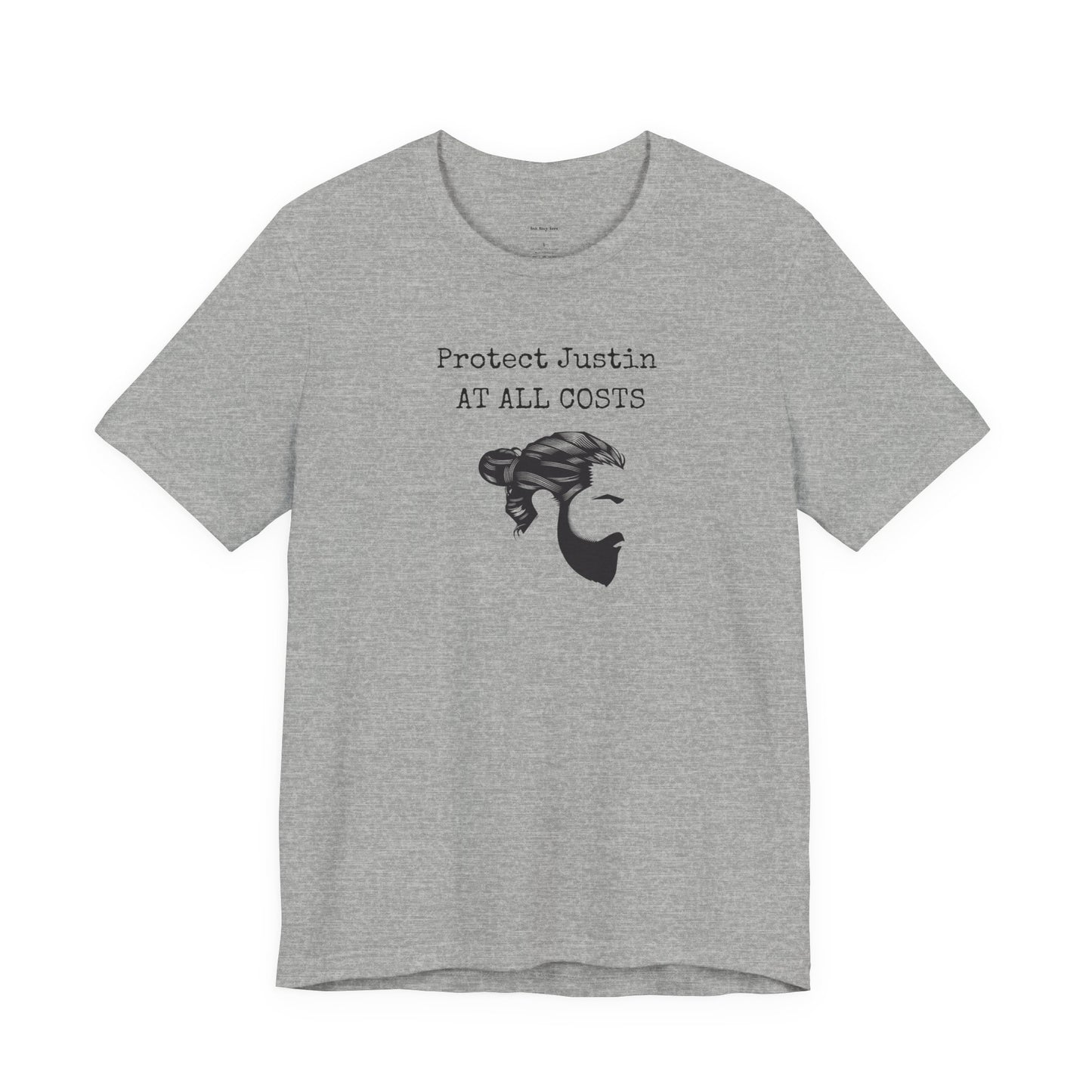 Gray t-shirt with graphic and text 'Protect Justin AT ALL COSTS'