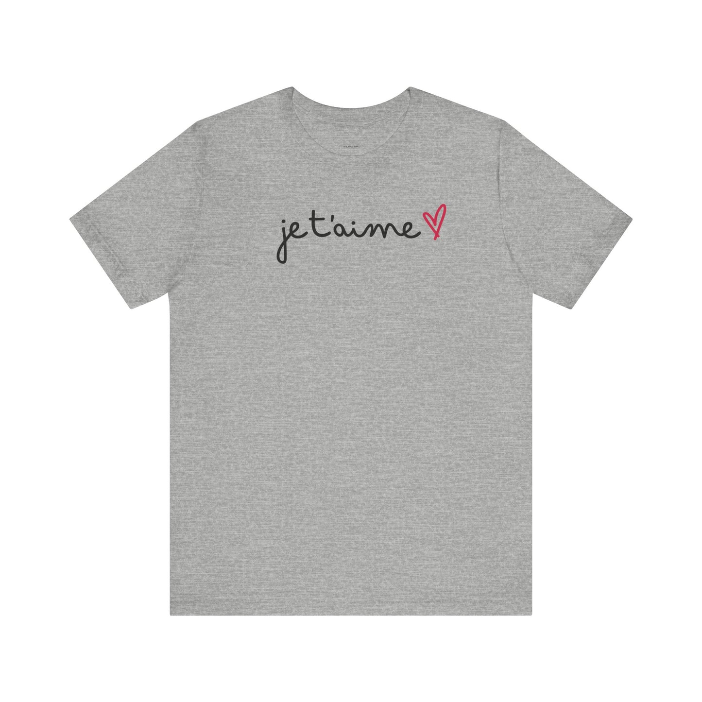 Gray t-shirt with 'je t'aime' text and heart
