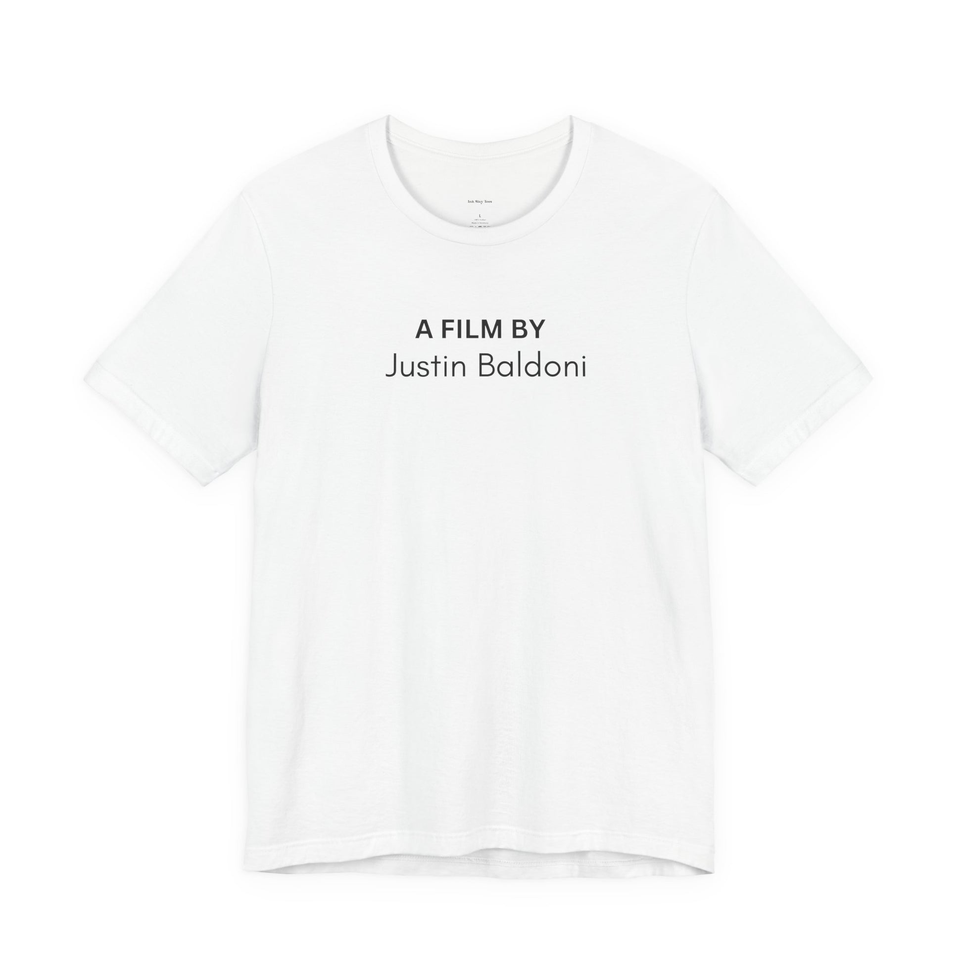 White t-shirt with 'A Film By Justin Baldoni'