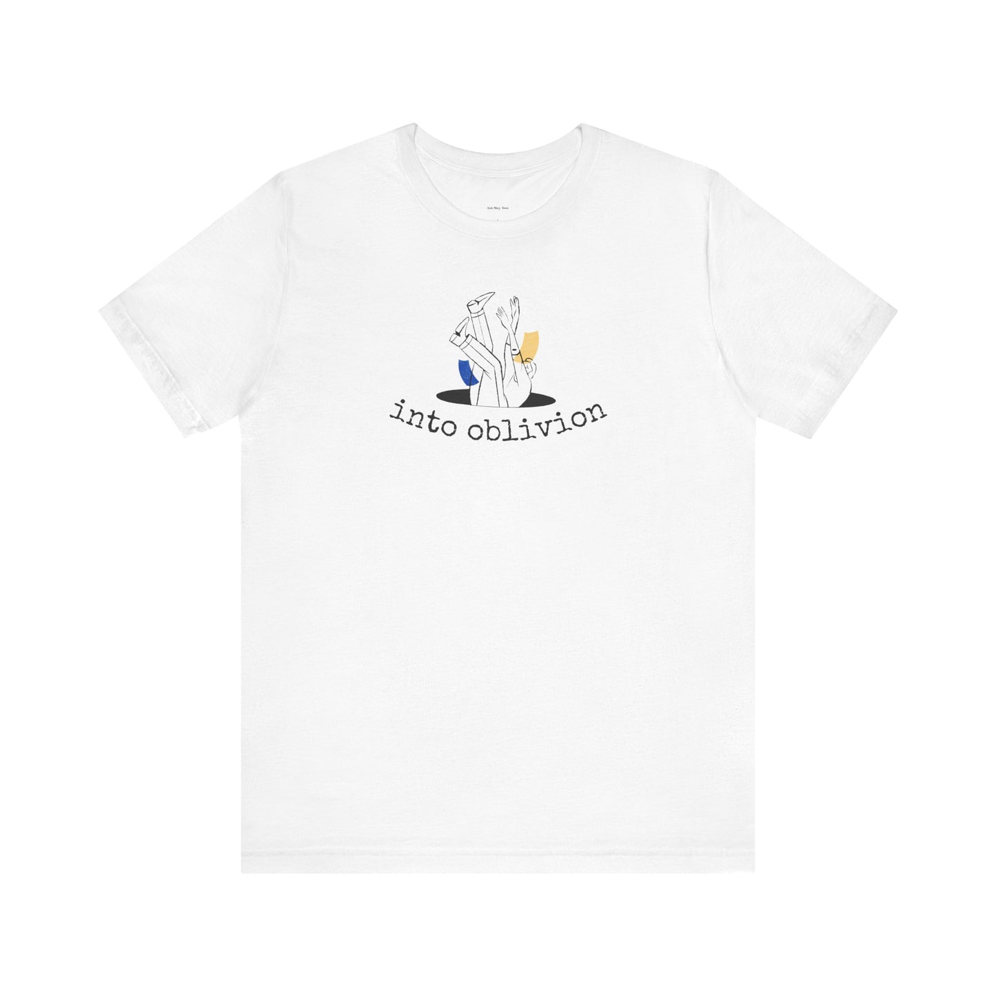 White t-shirt with graphic design and text 'into oblivion'