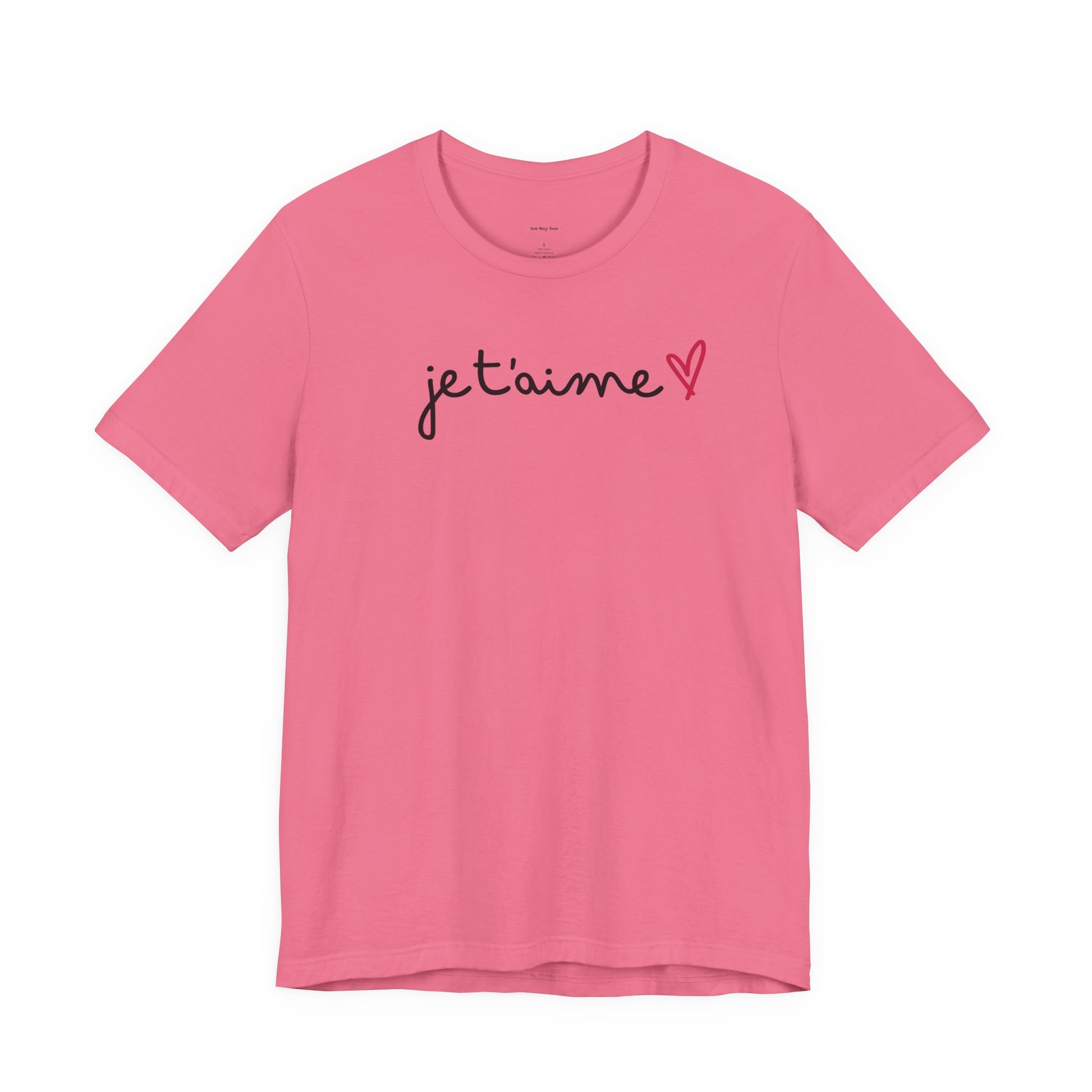 Pink t-shirt with 'je t'aime' text and heart
