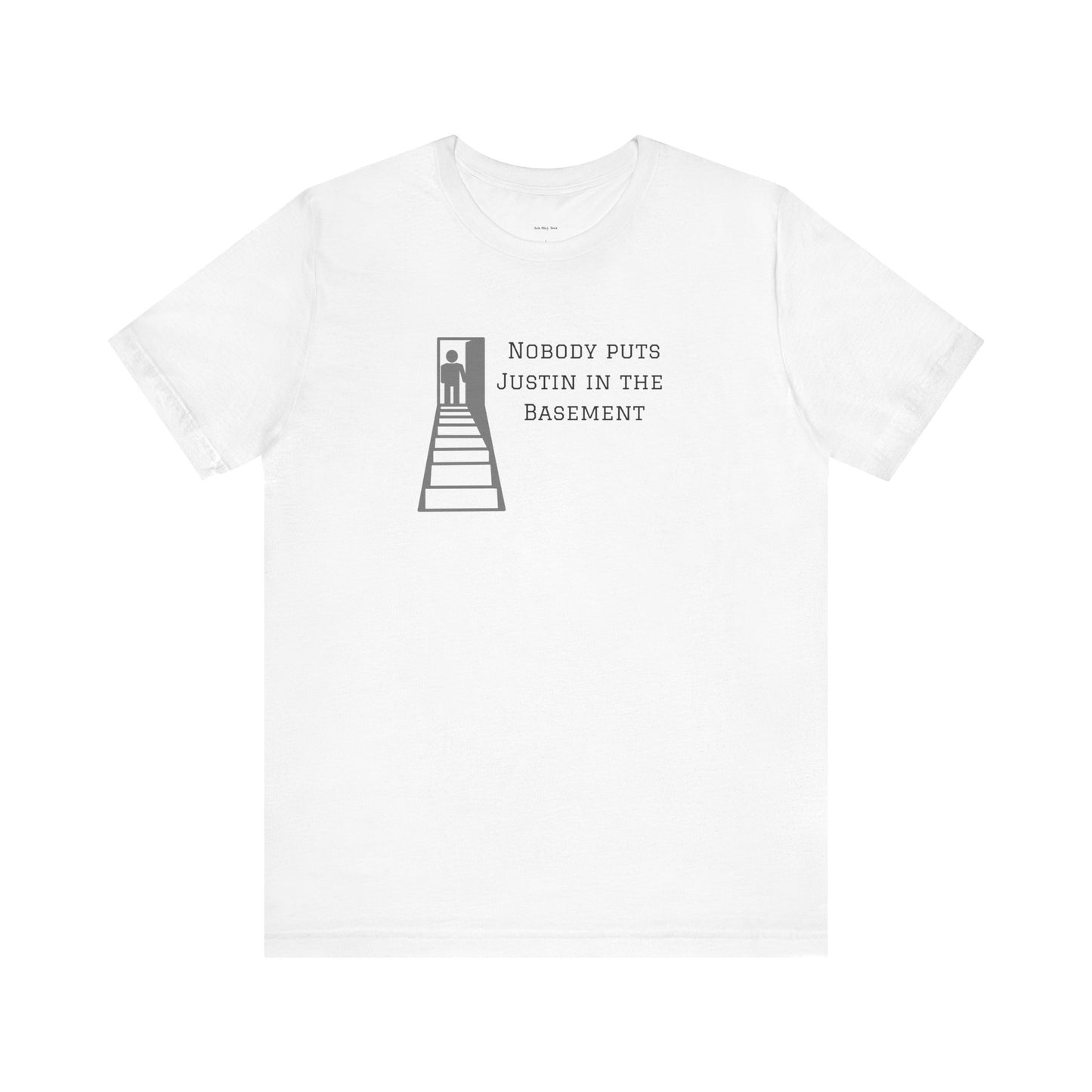 White t-shirt with graphic design and text