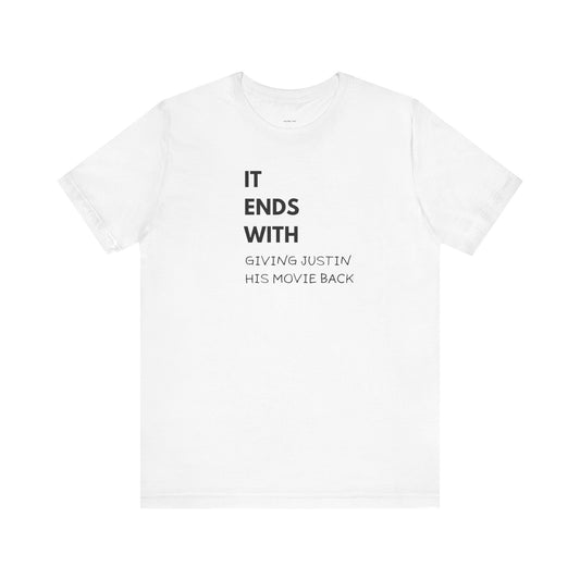 White t-shirt with black text
