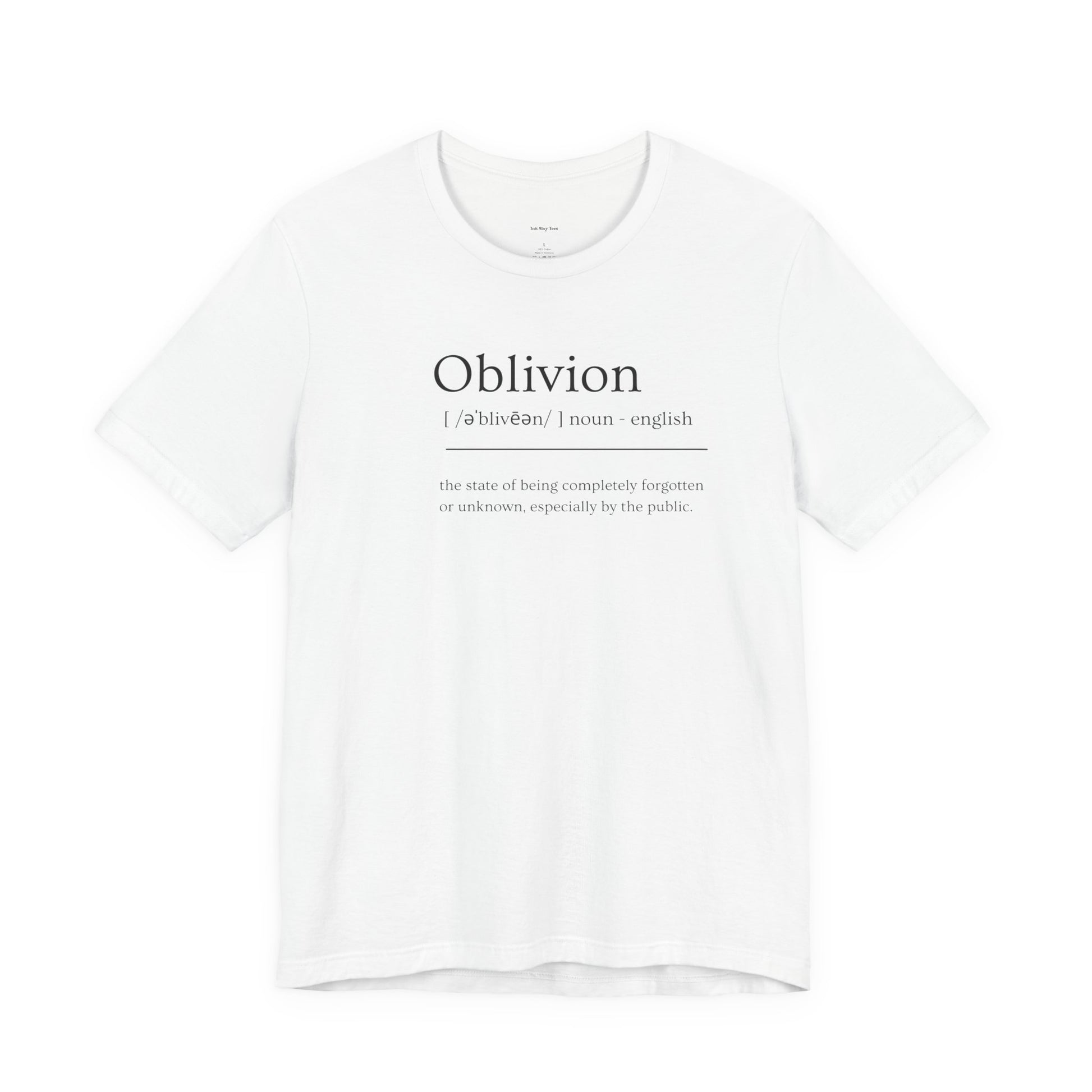 White t-shirt with 'Oblivion' definition text