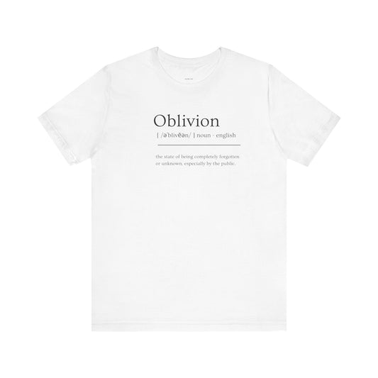 White t-shirt with black text