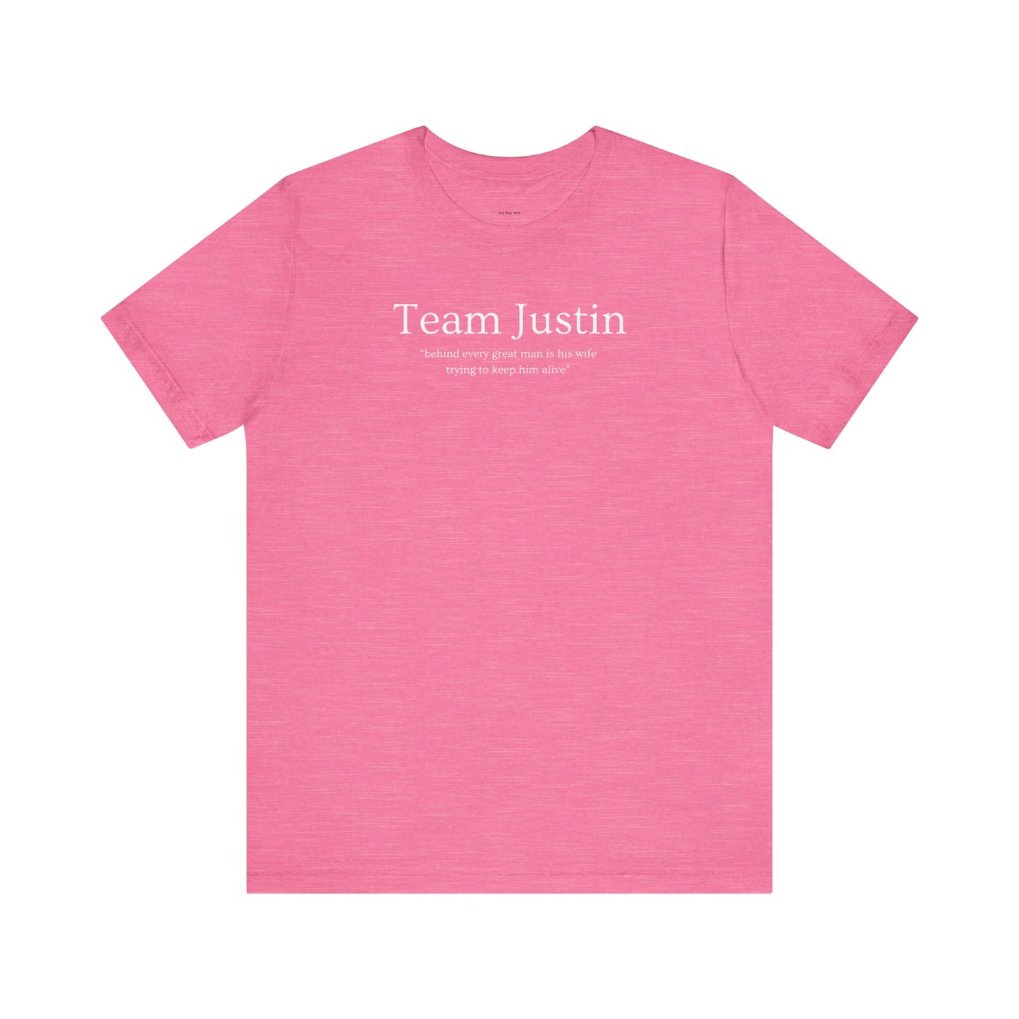 Pink t-shirt with 'Team Justin' text on a white background