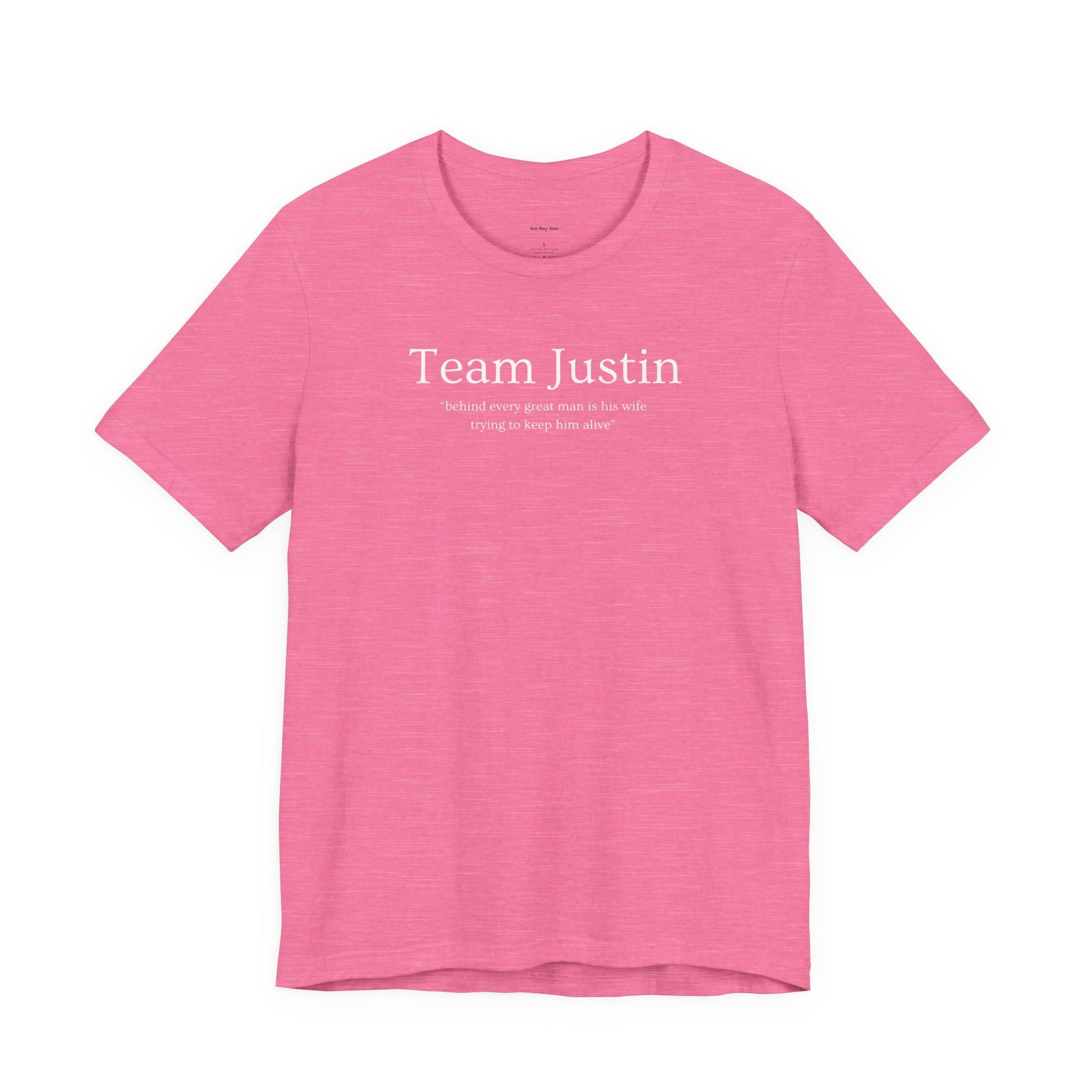Pink t-shirt with 'Team Justin'