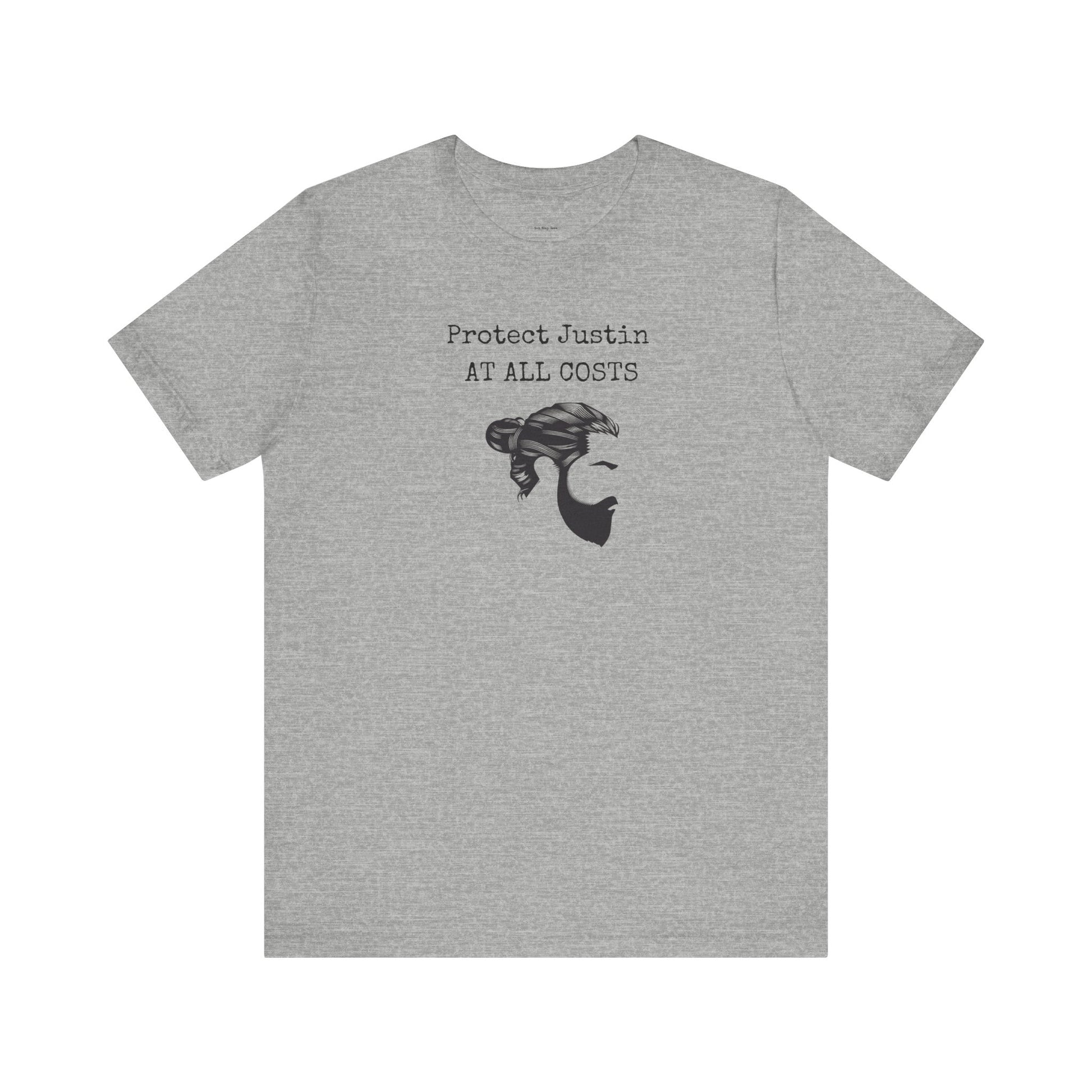 Gray t-shirt with graphic and text on a white background