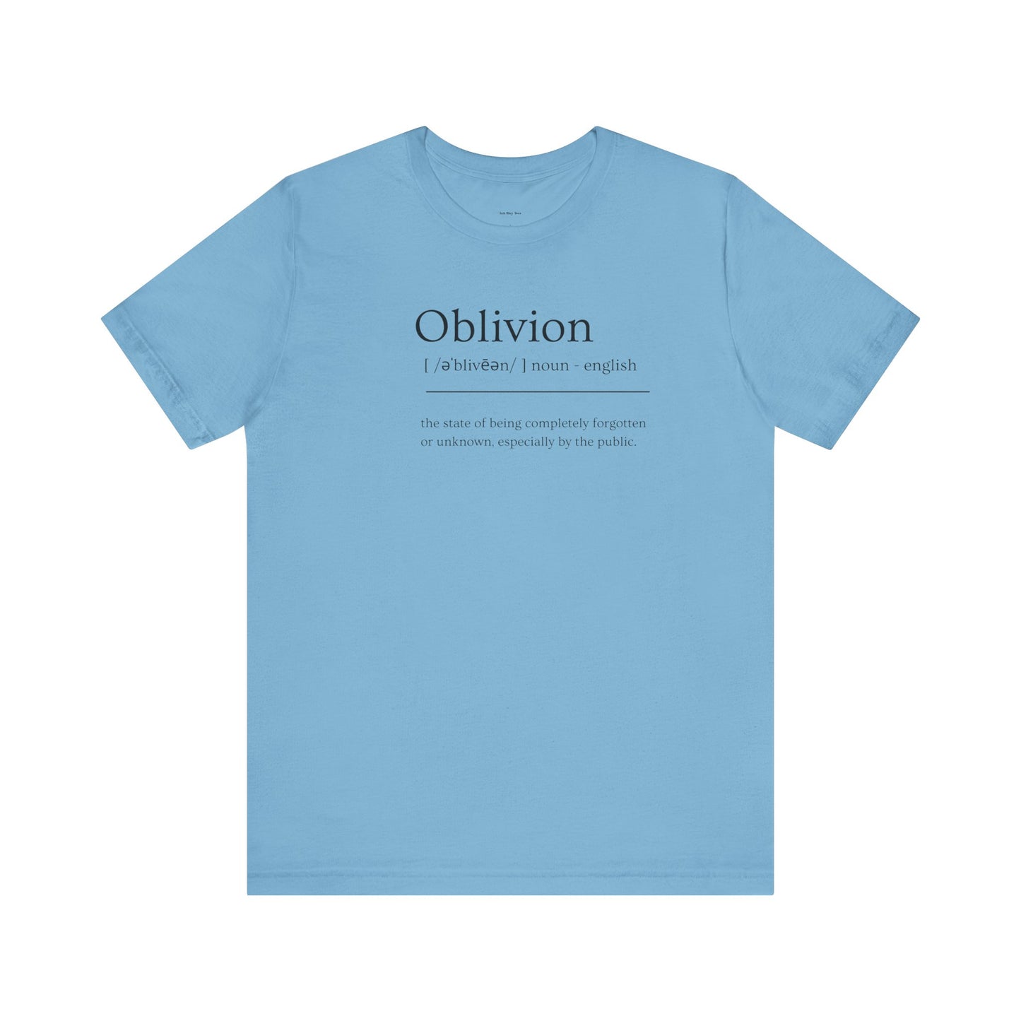 Blue t-shirt with 'Oblivion' text
