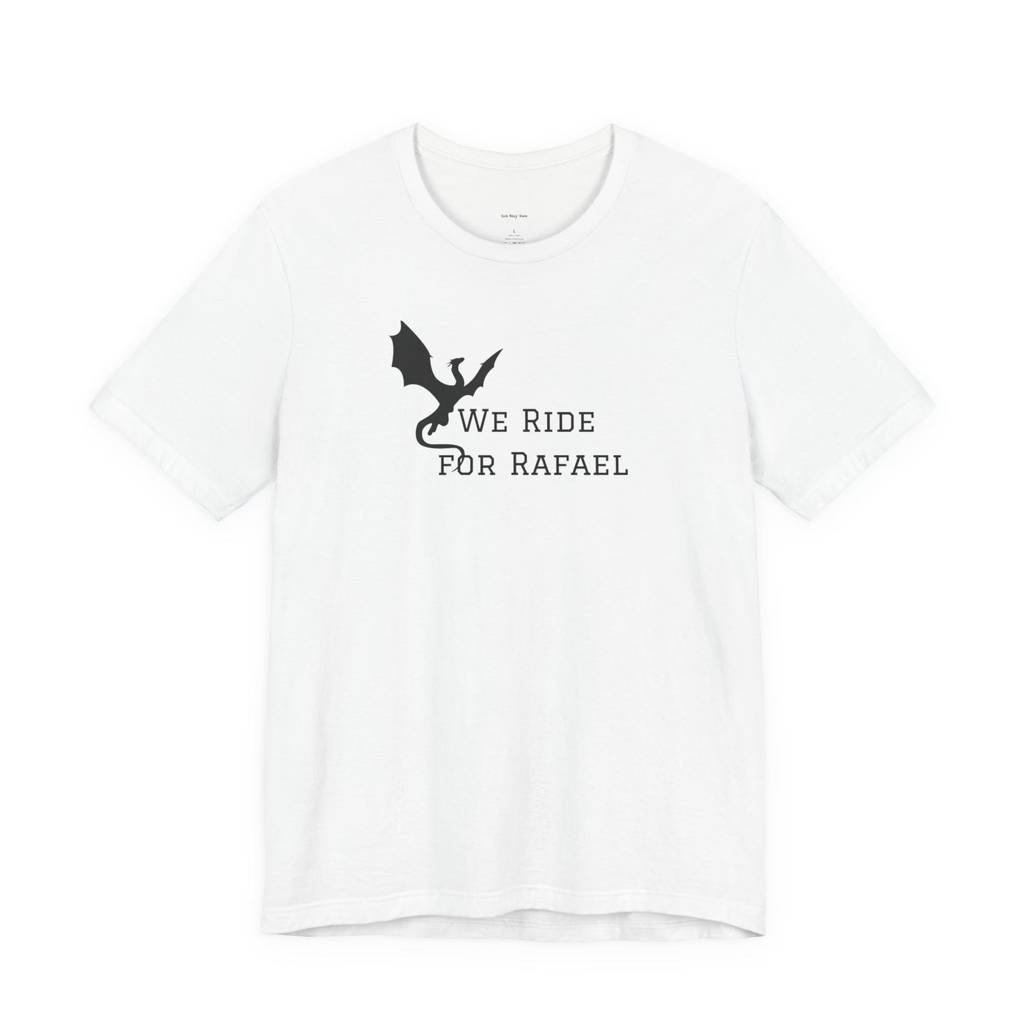 White t-shirt with black dragon graphic and text on a white background