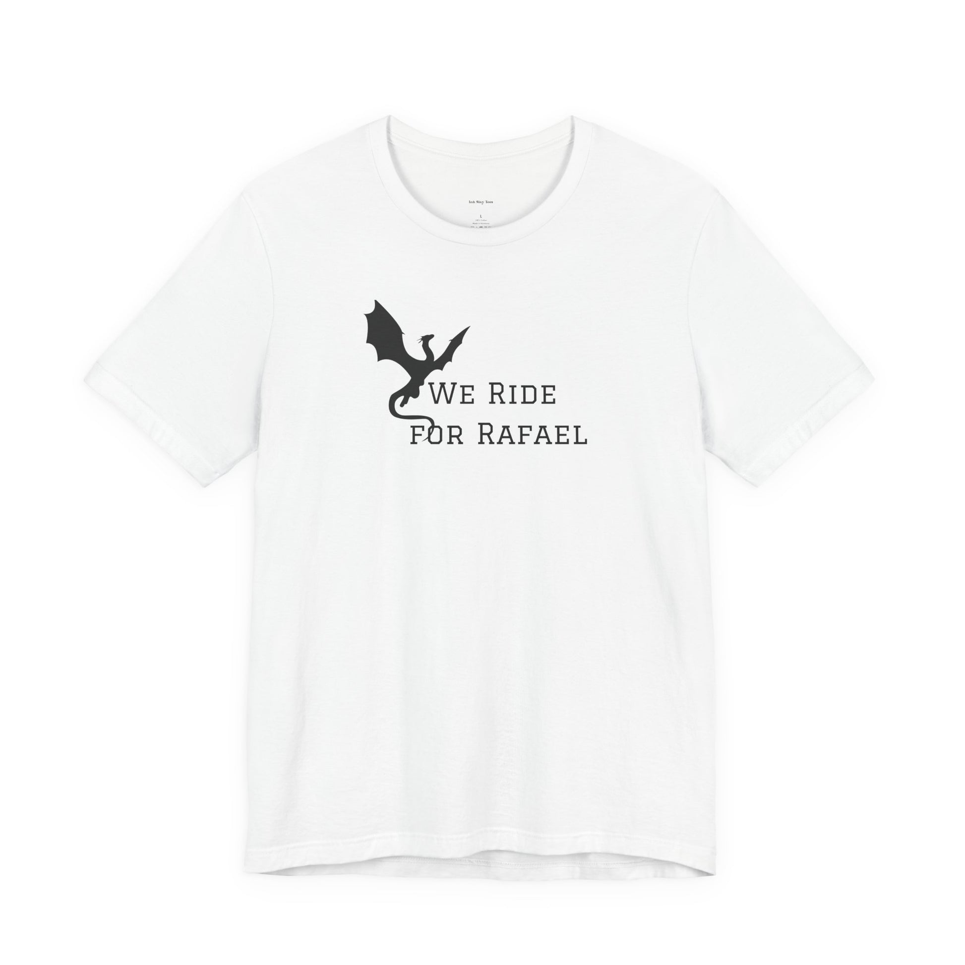 White t-shirt with black dragon graphic and text on a white background
