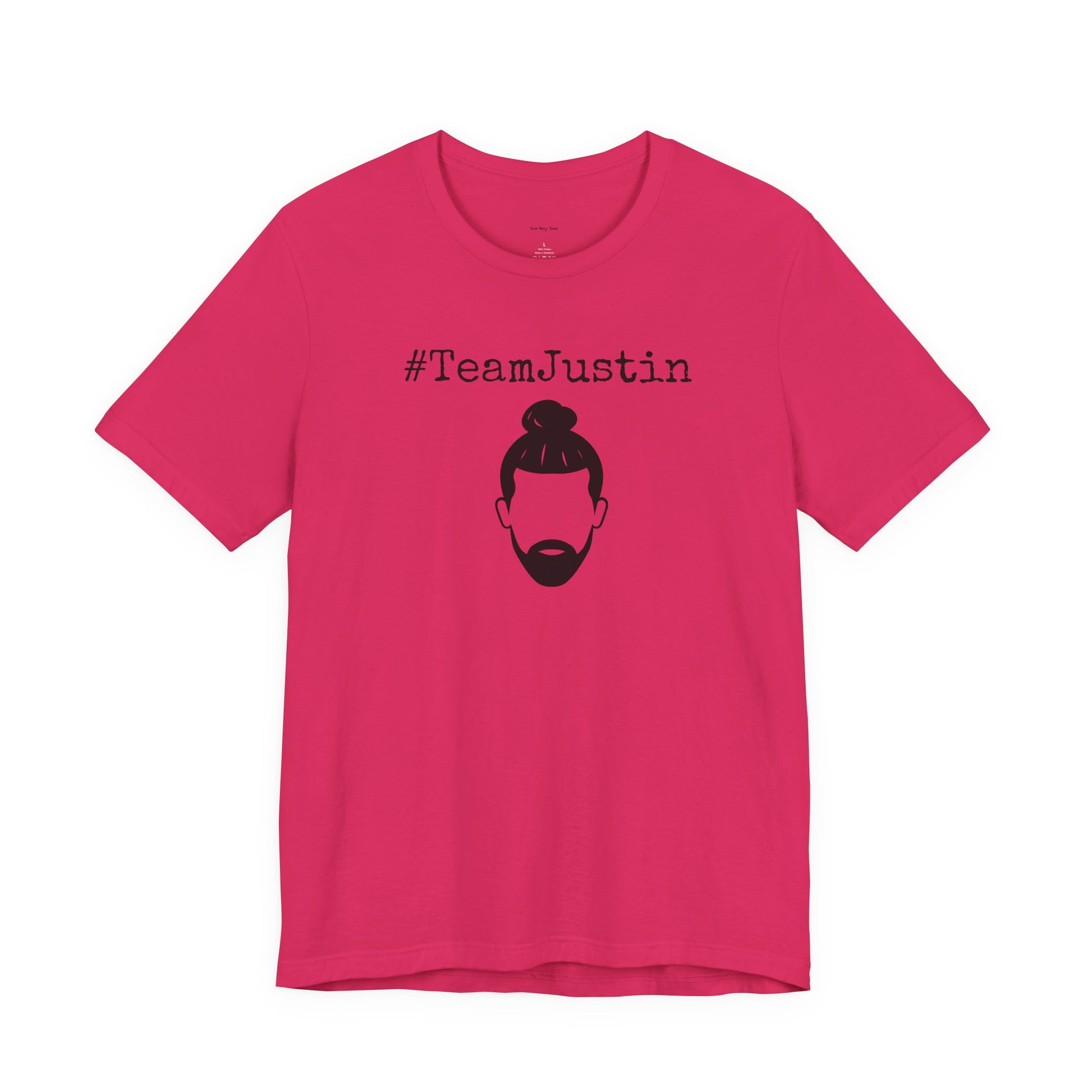 Pink t-shirt with '#TeamJustin' text