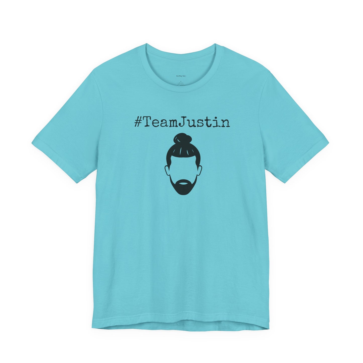 Light blue t-shirt with '#TeamJustin' text and graphic