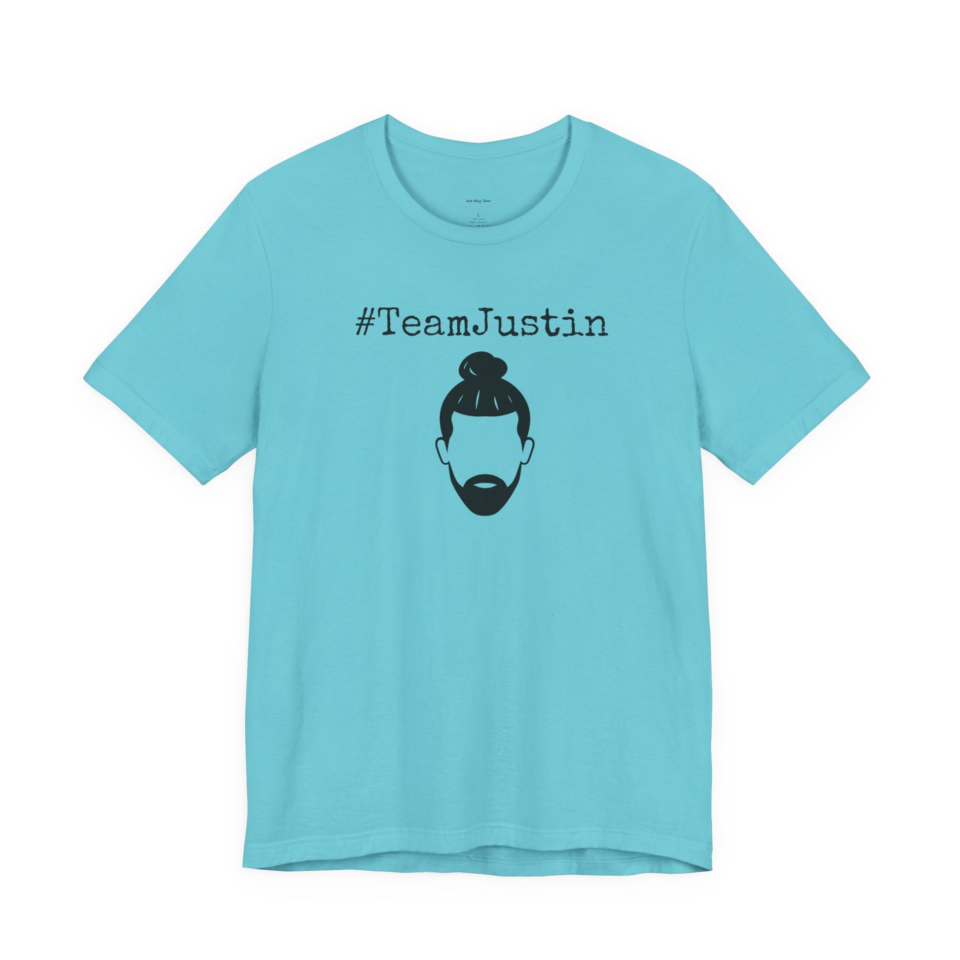 Light blue t-shirt with '#TeamJustin' text and graphic