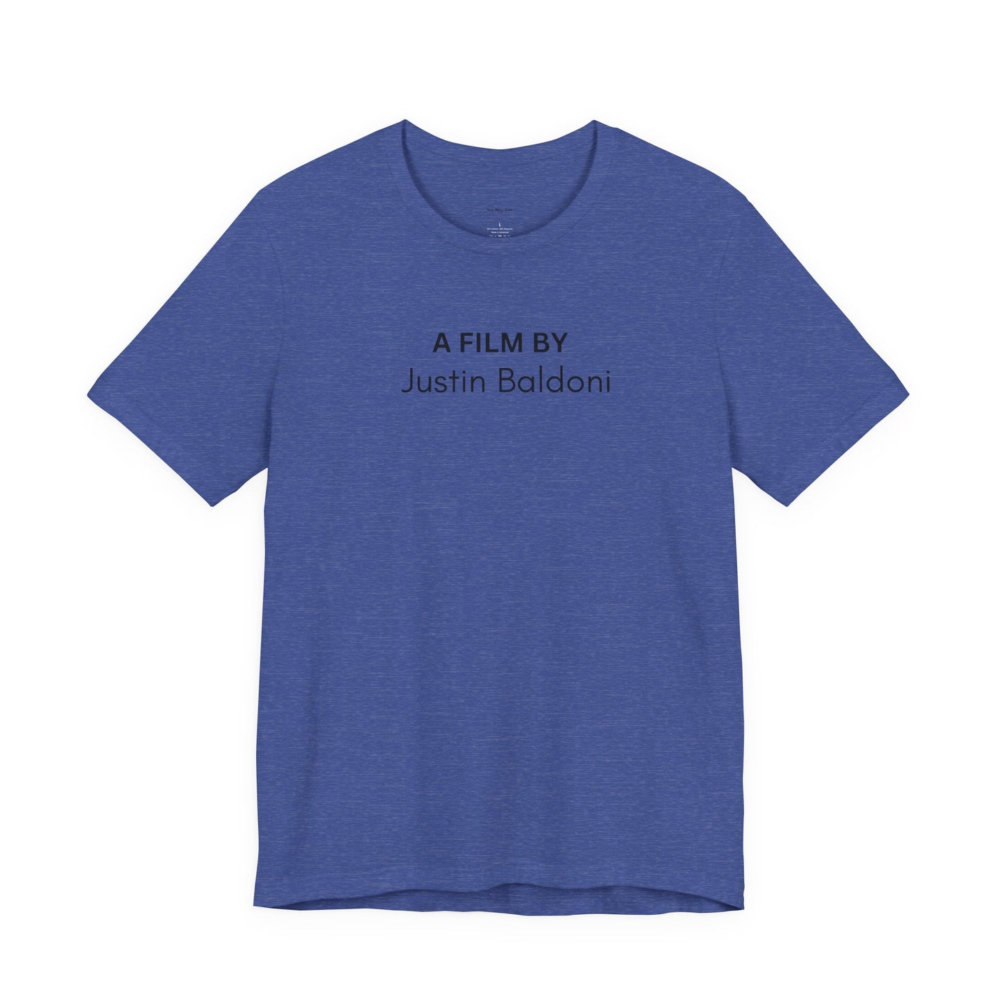 Blue t-shirt with 'A Film by Justin Baldoni' text