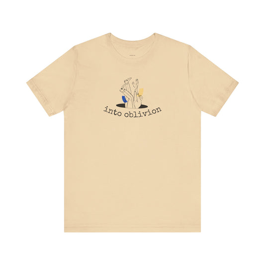 Beige t-shirt with graphic design and text