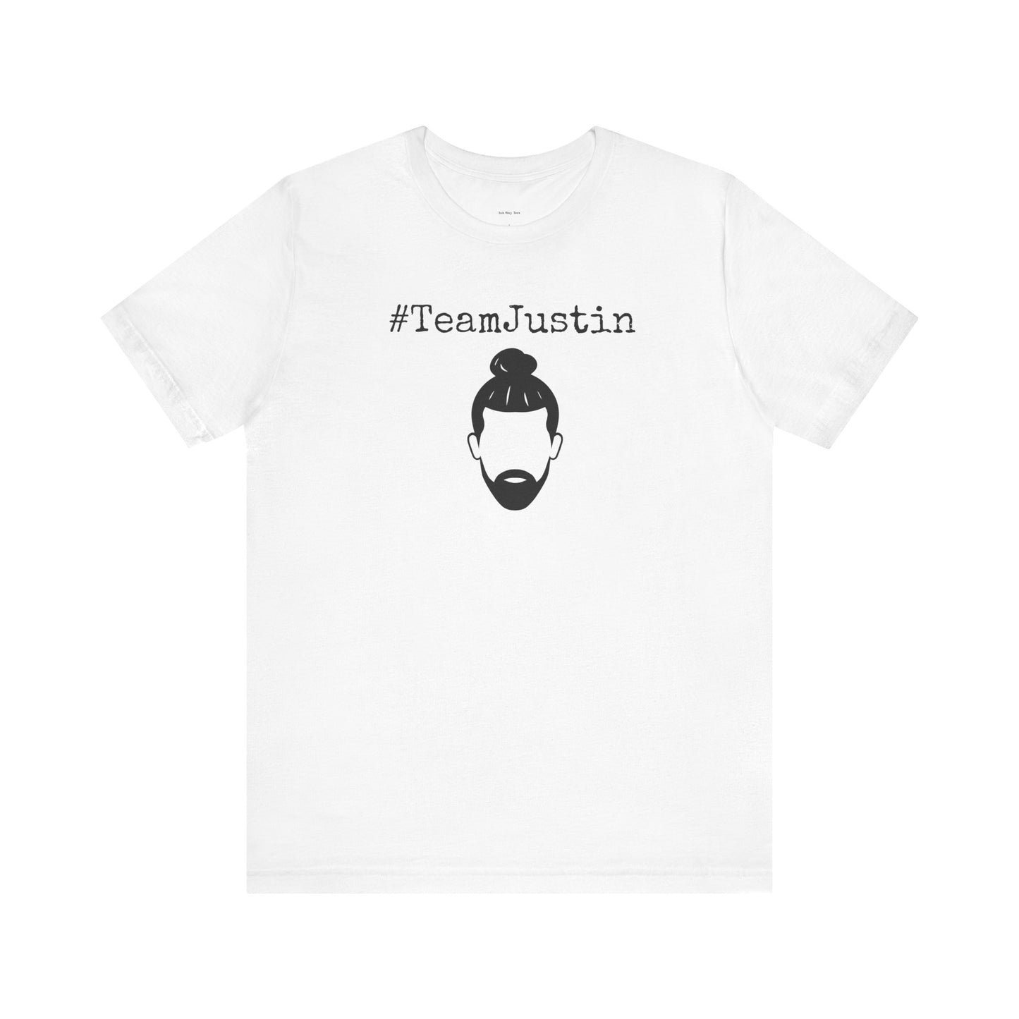 White t-shirt with '#TeamJustin' text and graphic
