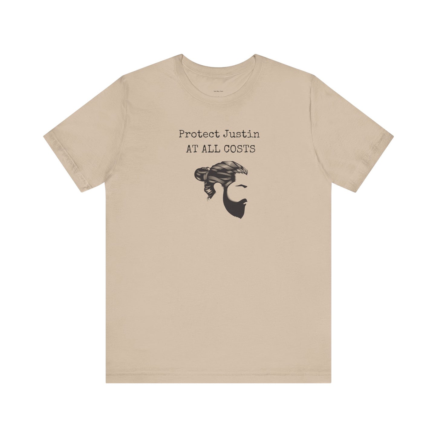 Beige t-shirt with graphic and text 'Protect Justin At All Costs'