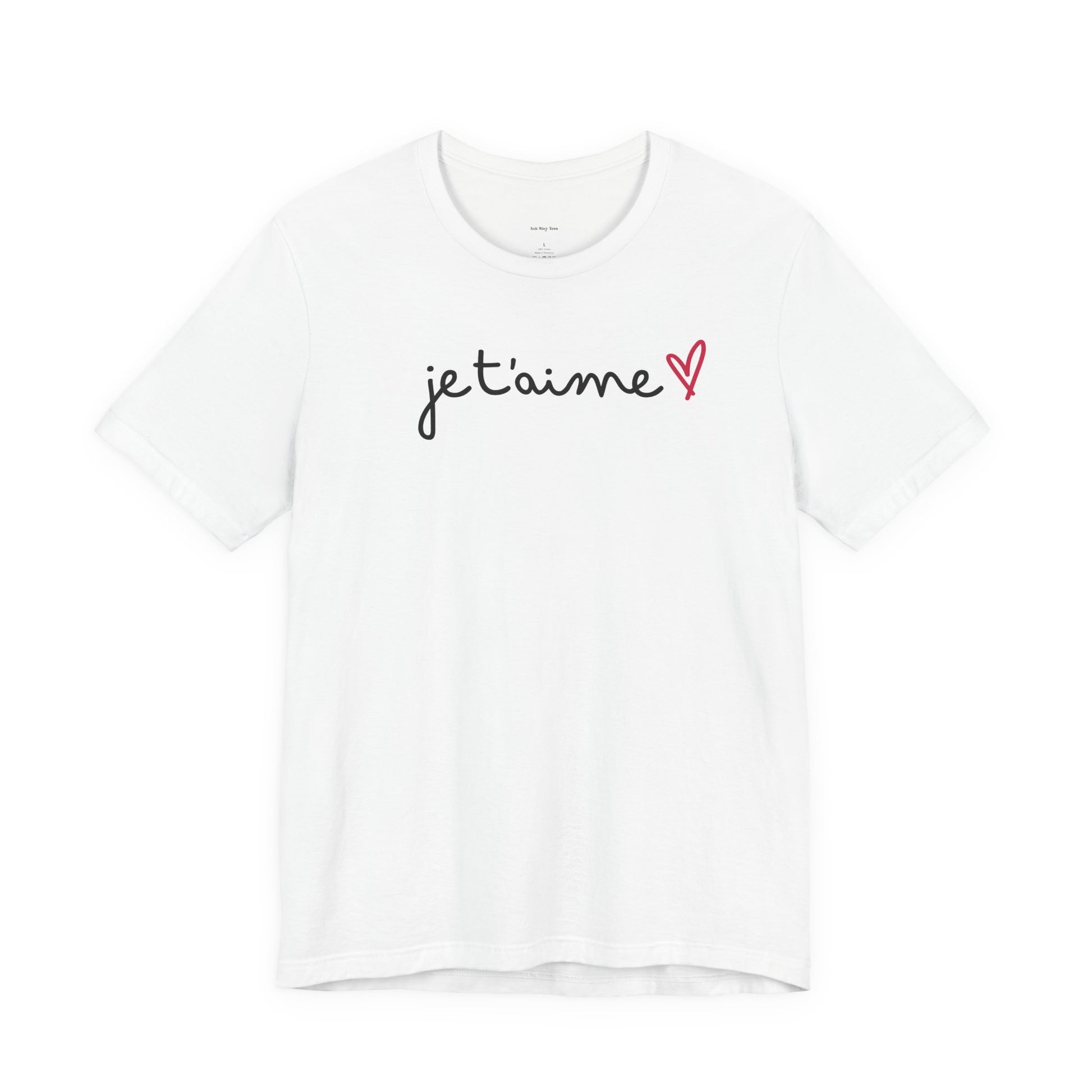 White t-shirt with 'je t'aime' text and heart