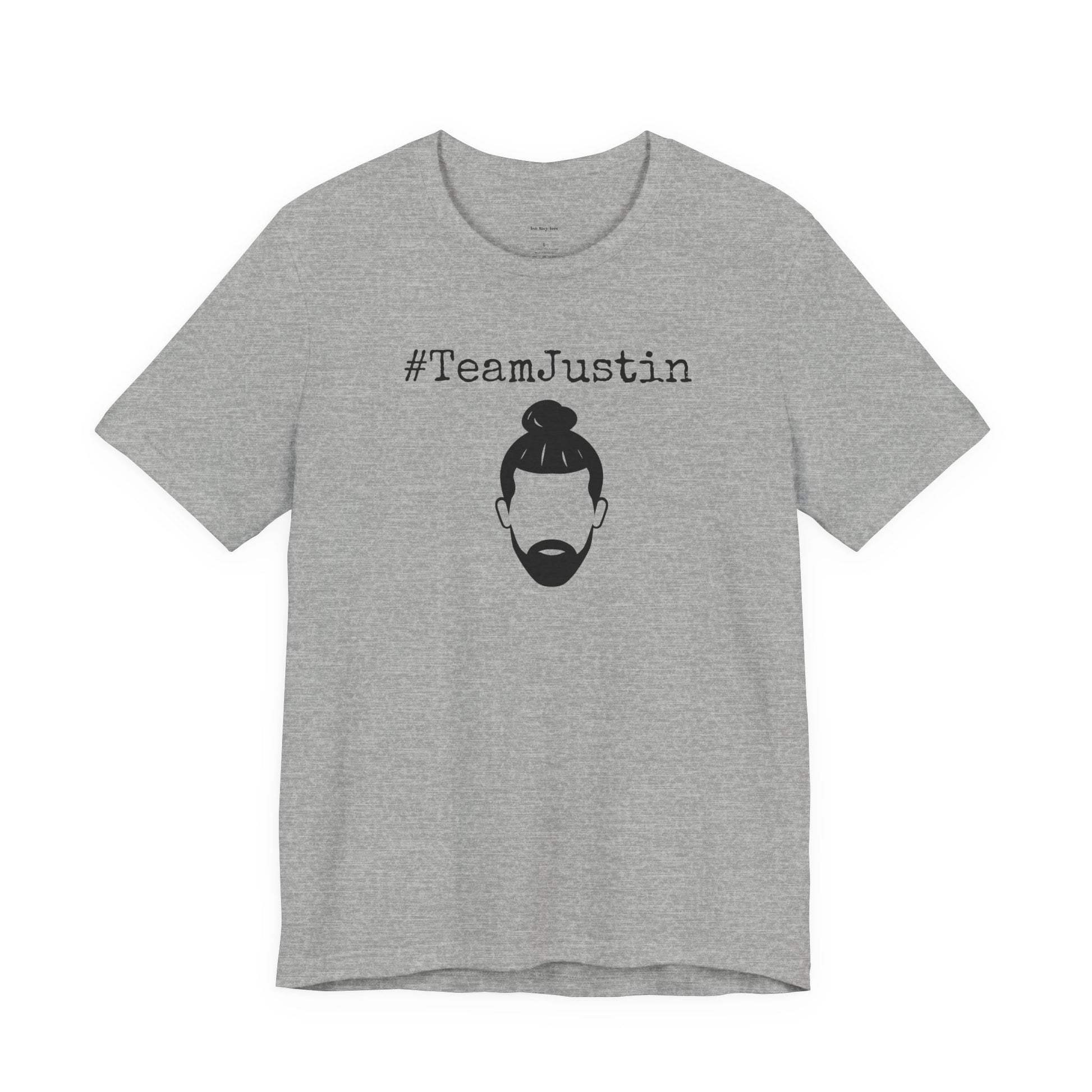 Gray t-shirt with '#TeamJustin' text and graphic