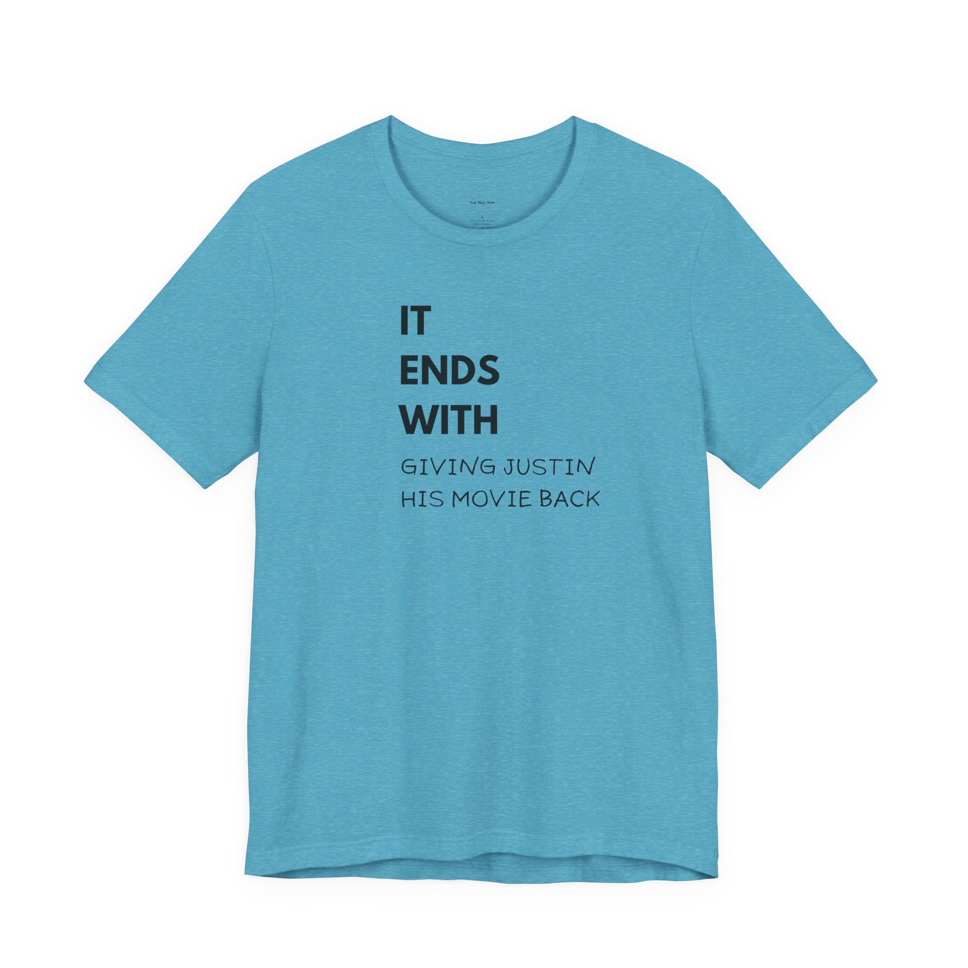 Blue t-shirt with black text
