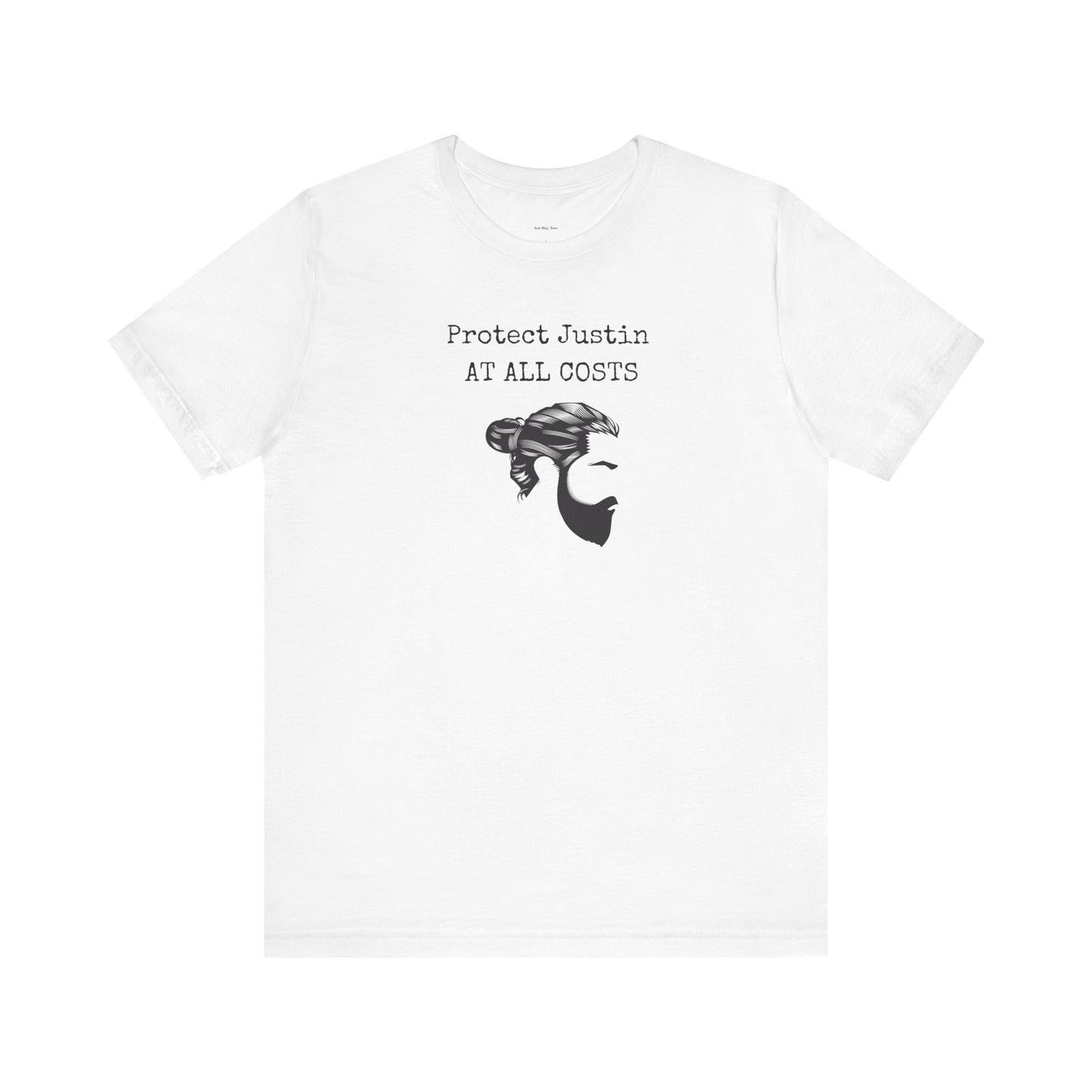 White t-shirt with graphic design and text