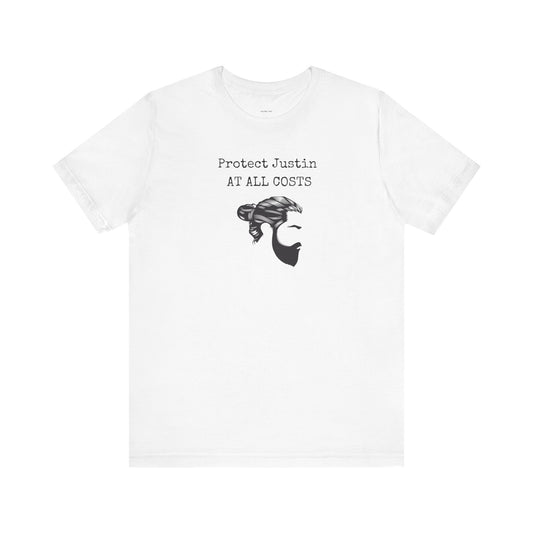 White t-shirt with graphic design and text