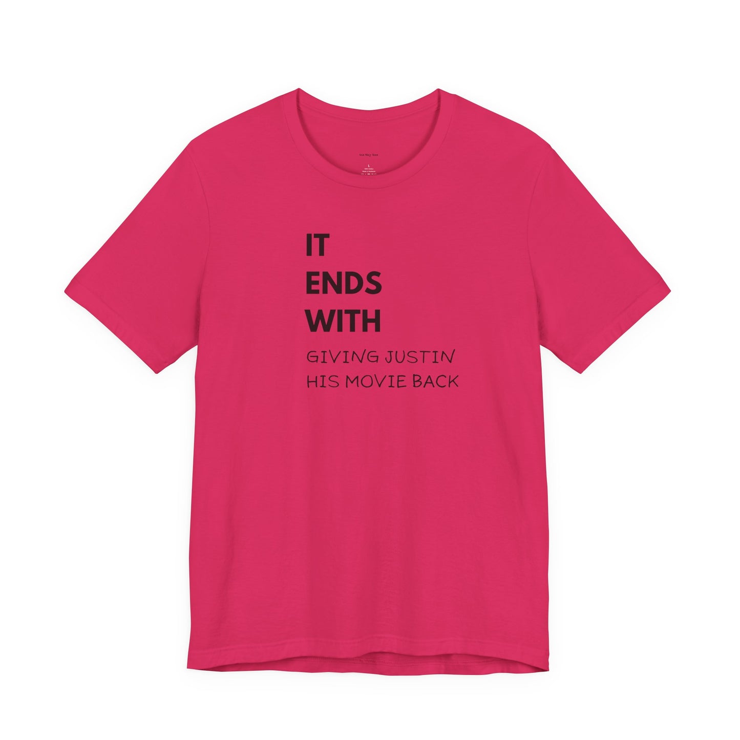 Pink t-shirt with black text