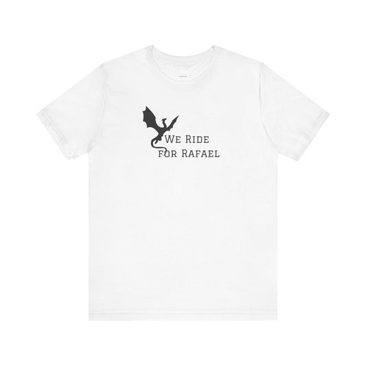 White t-shirt with black dragon graphic and text