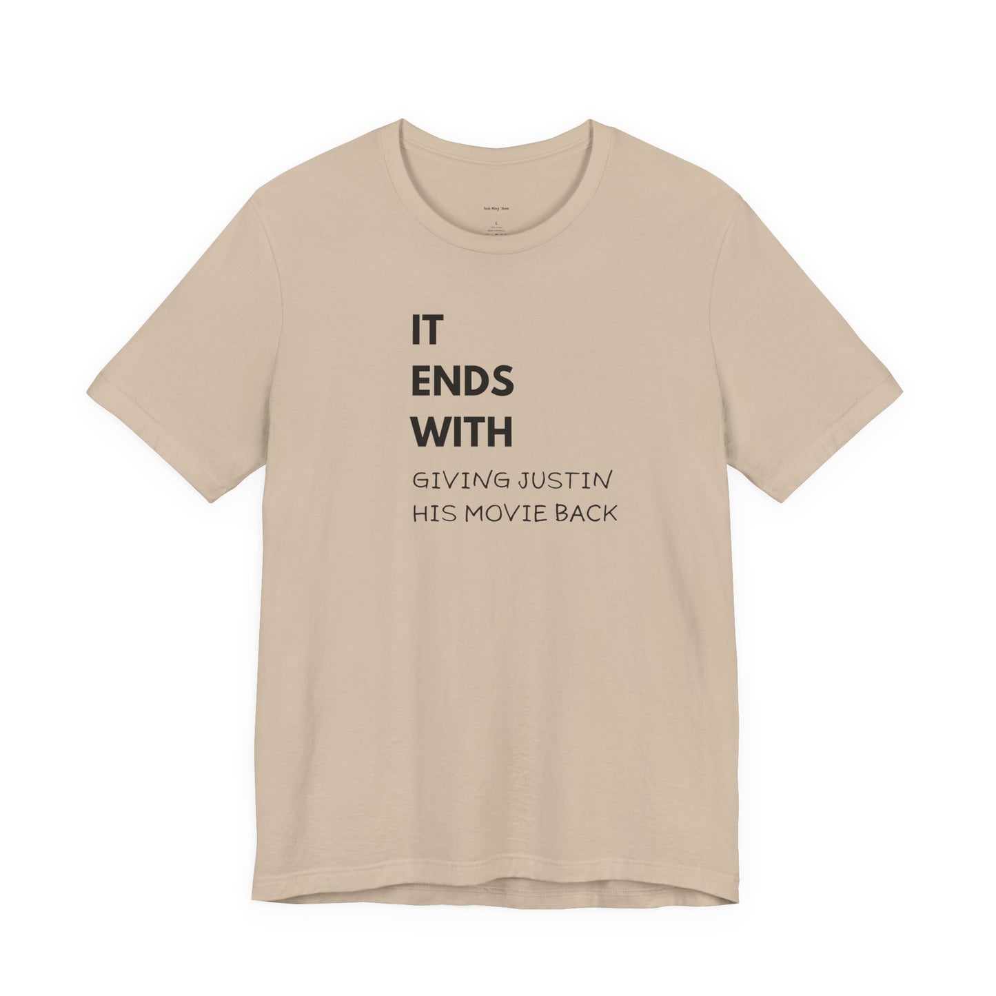 Beige t-shirt with black text