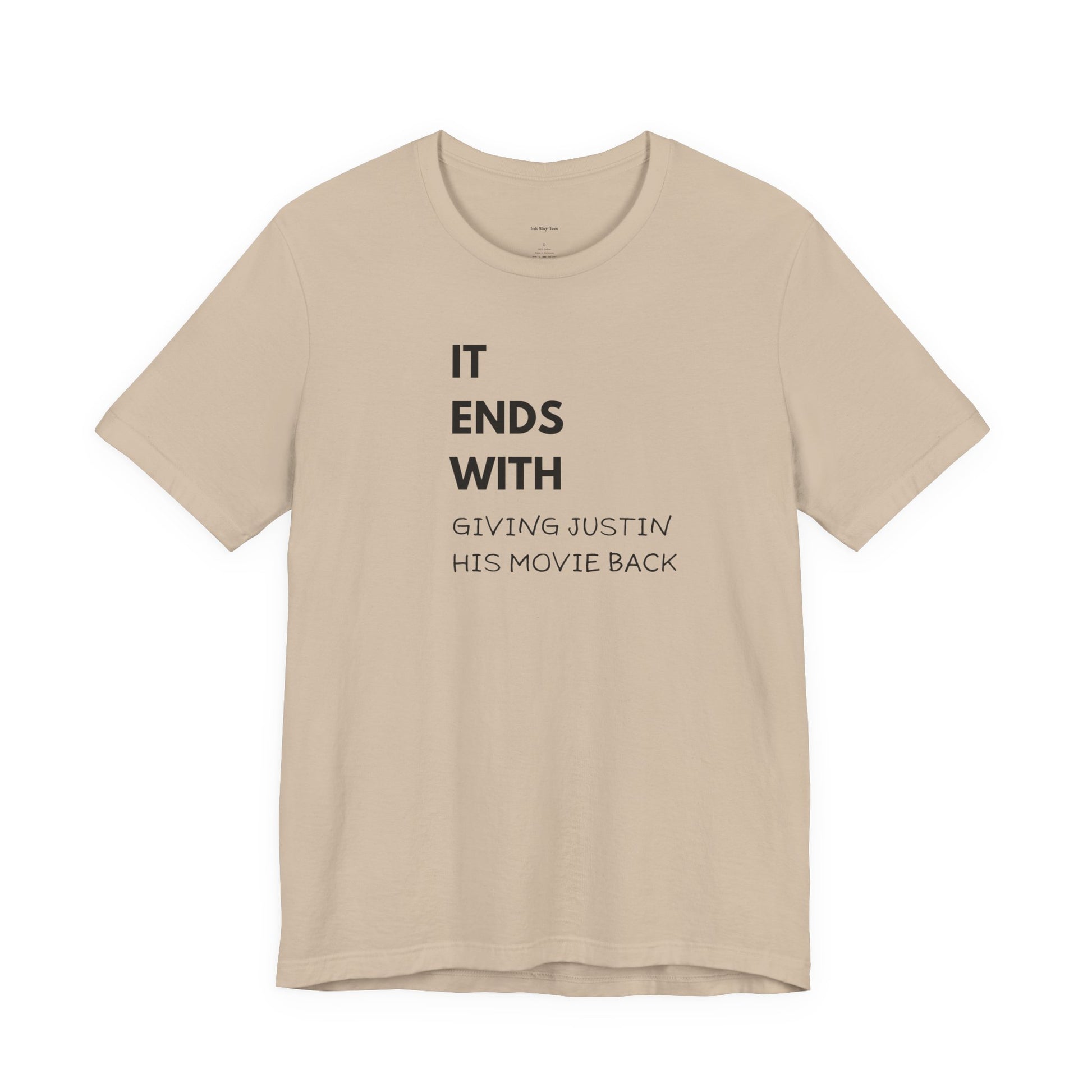 Beige t-shirt with black text