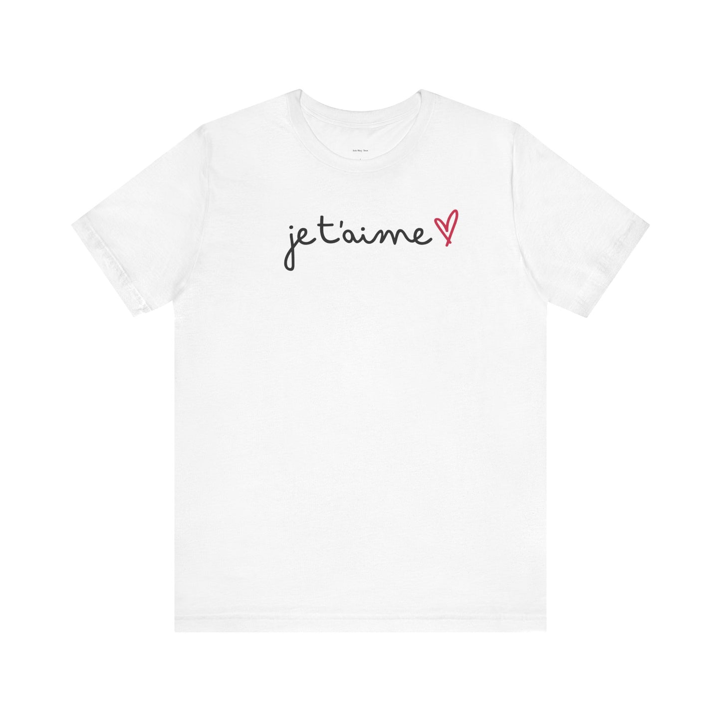 White t-shirt with 'je t'aime' text and heart symbol