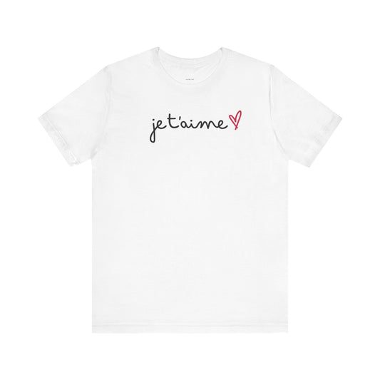 White t-shirt with 'je t'aime' text and heart symbol