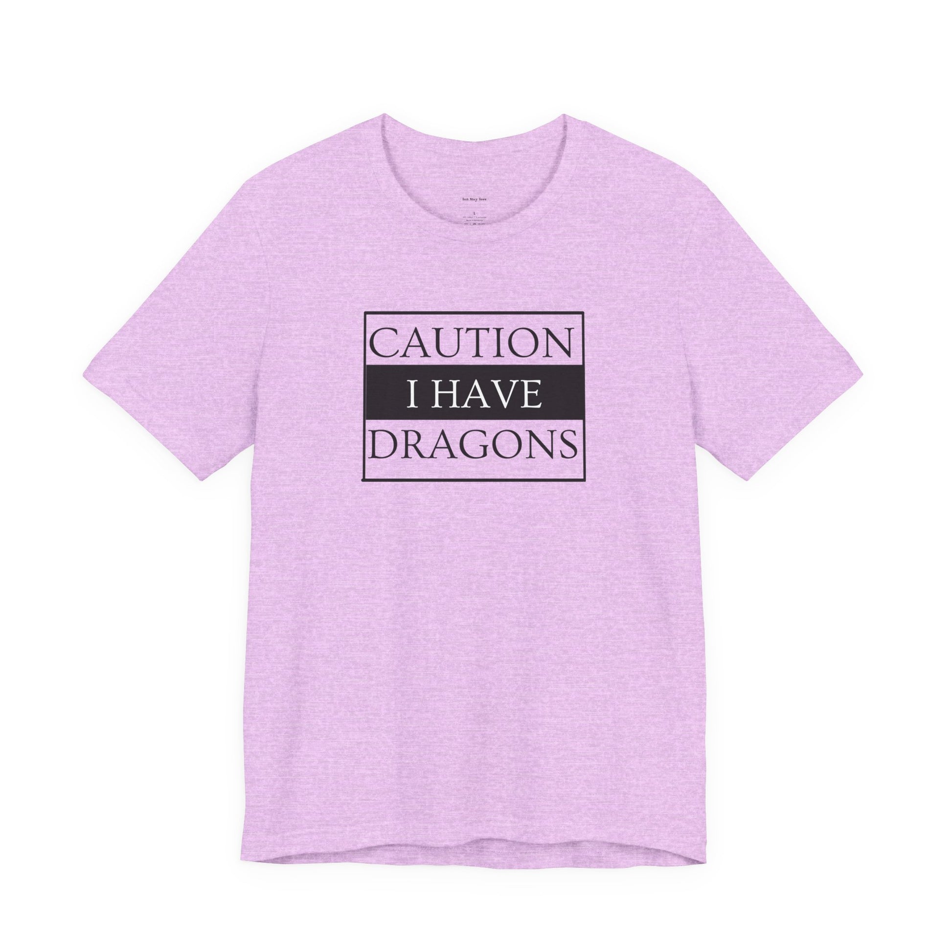 Purple t-shirt with 'Caution I Have Dragons' text