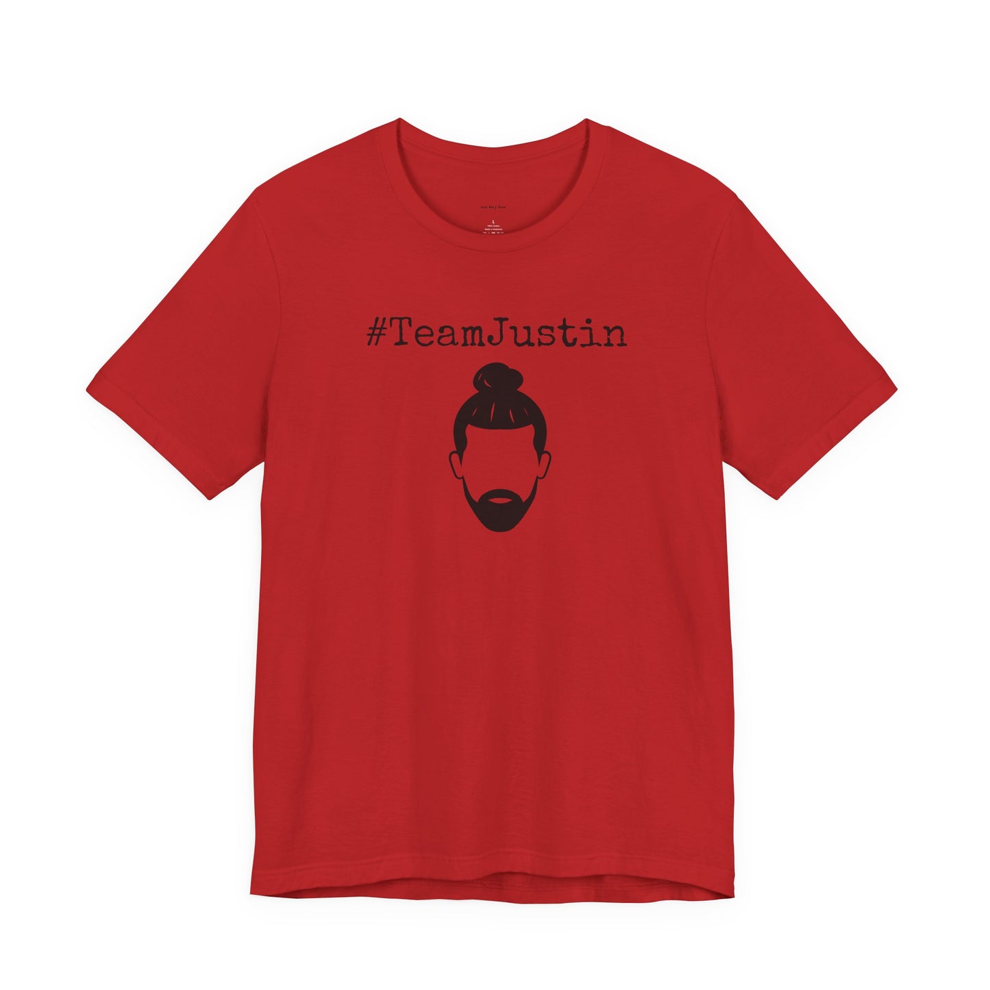 Red t-shirt with '#TeamJustin' text and graphic