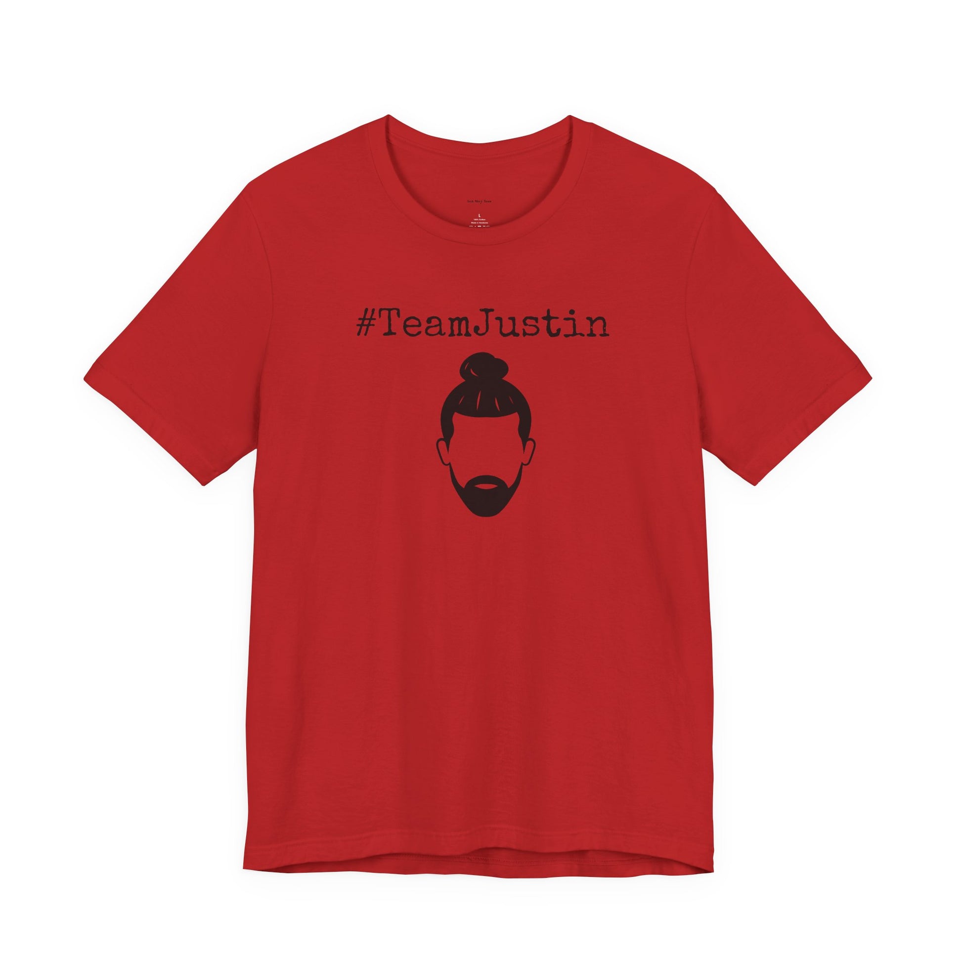 Red t-shirt with '#TeamJustin' text and graphic