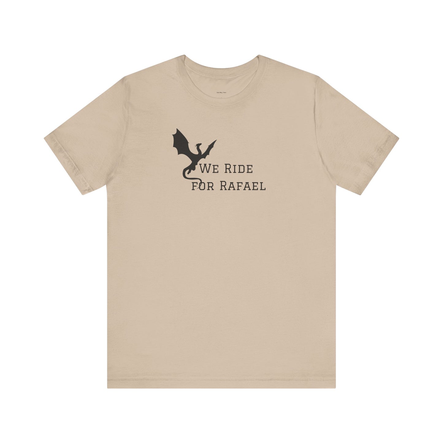 Beige t-shirt with black dragon graphic and text